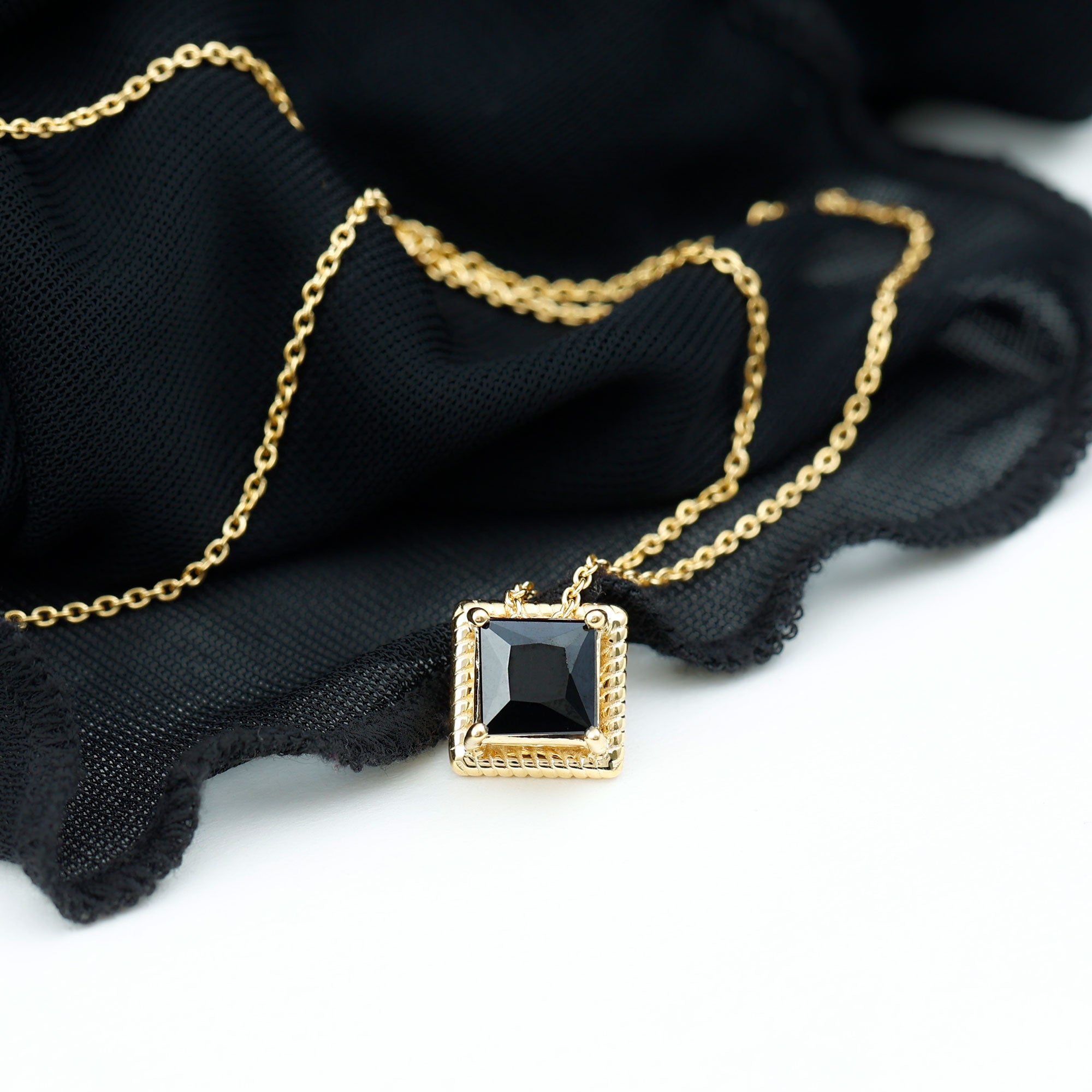 7 MM Princess Cut Black Spinel Solitaire Pendant with Rope Frame Details Black Spinel - ( AAA ) - Quality - Rosec Jewels