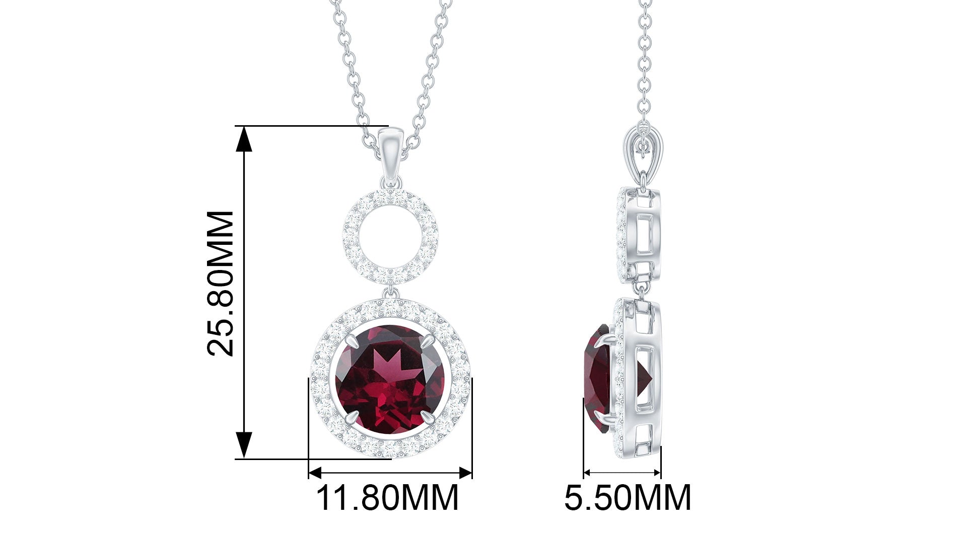 3 CT Natural Rhodolite Dangle Necklace with Diamond Accent Rhodolite - ( AAA ) - Quality - Rosec Jewels