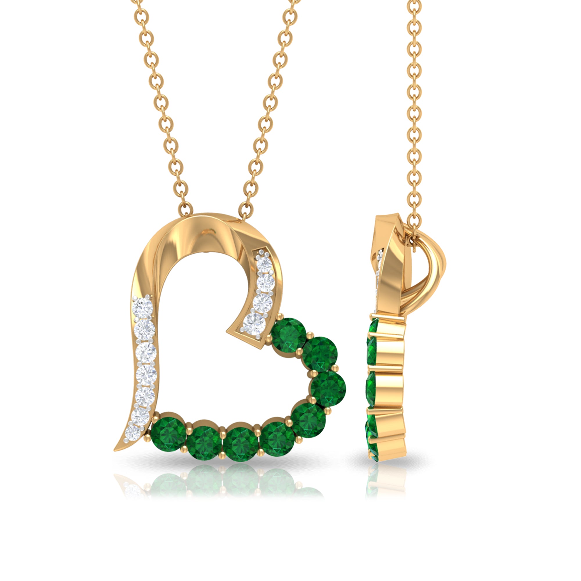 Emerald and Diamond Open Heart Pendant Necklace Emerald - ( AAA ) - Quality - Rosec Jewels