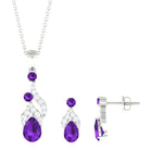 Real Amethyst and Diamond Bridal Dangle Pendant Earrings Set Amethyst - ( AAA ) - Quality - Rosec Jewels