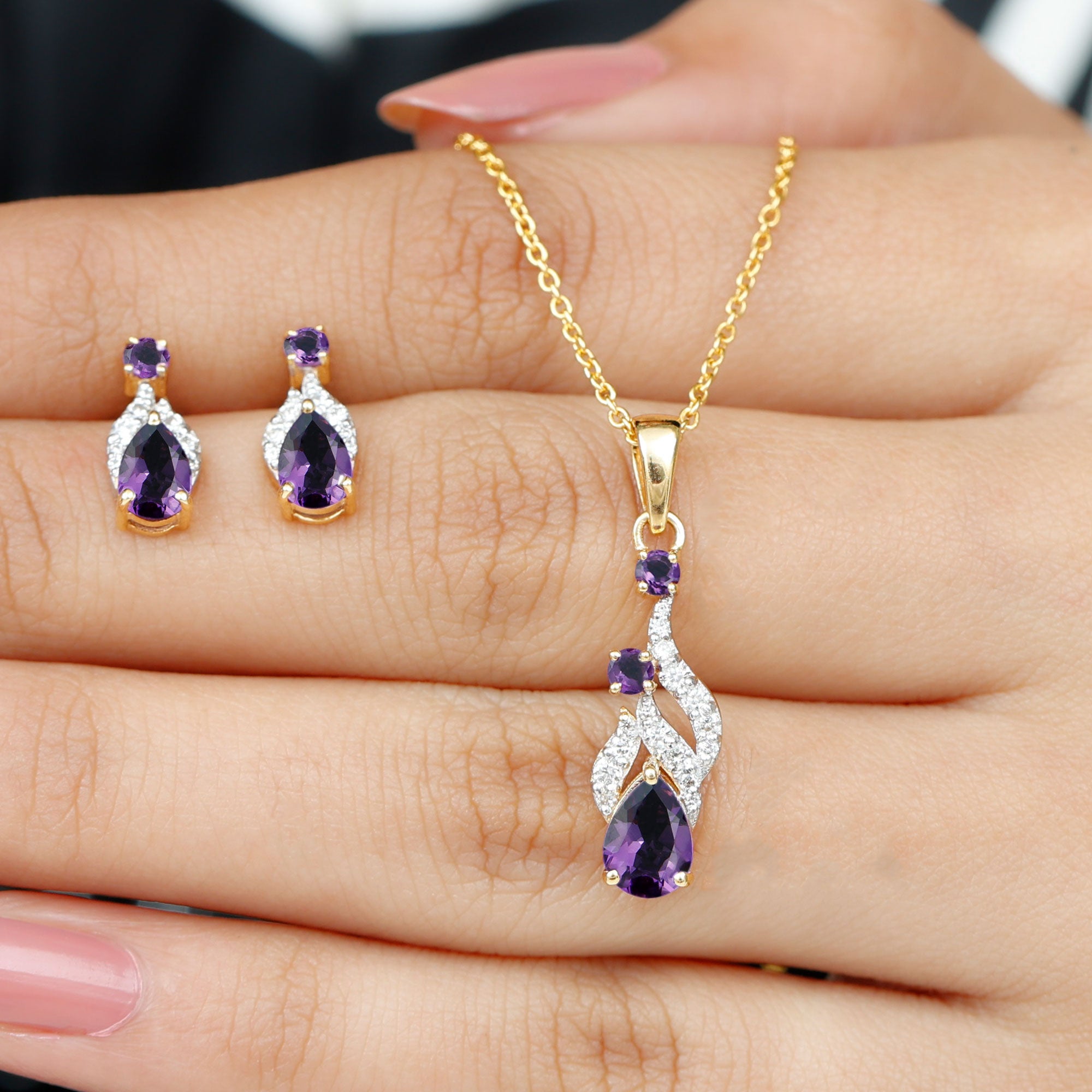 Real Amethyst and Diamond Bridal Dangle Pendant Earrings Set Amethyst - ( AAA ) - Quality - Rosec Jewels