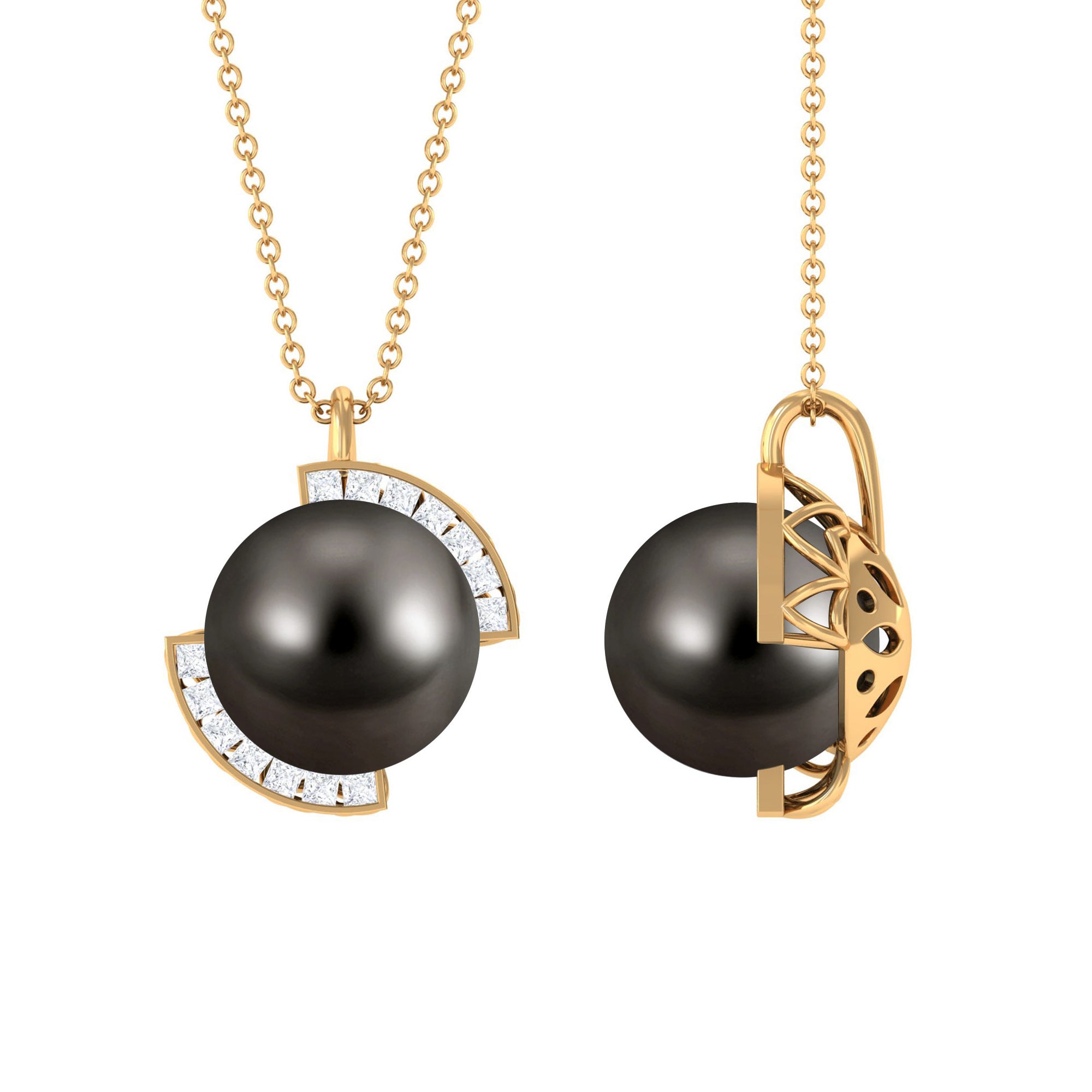 Designer Black Tahitian Pearl Solitaire Pendant with Diamond Accent Tahitian pearl - ( AAA ) - Quality - Rosec Jewels