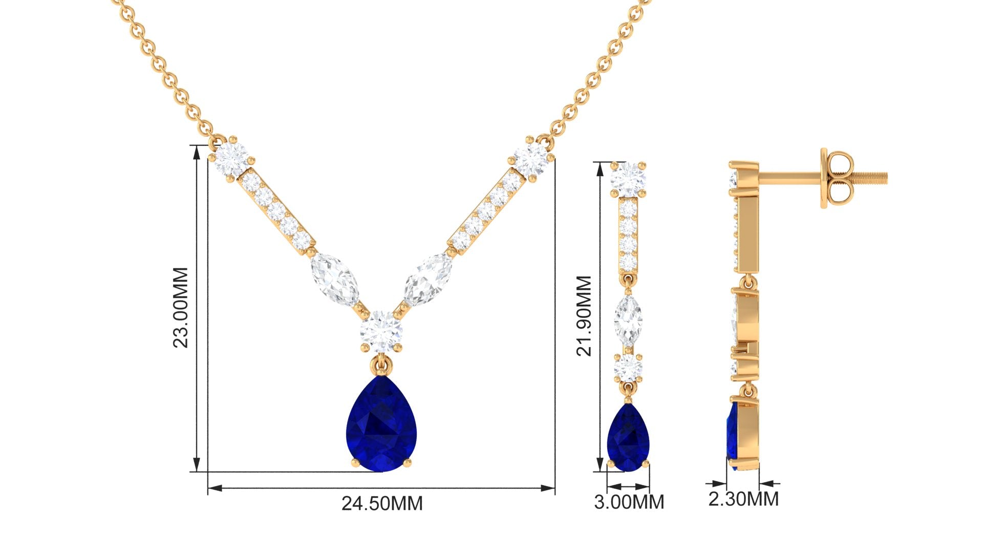 Created Blue Sapphire and Moissanite Drop Necklace Earrings Set Lab Created Blue Sapphire - ( AAAA ) - Quality - Rosec Jewels