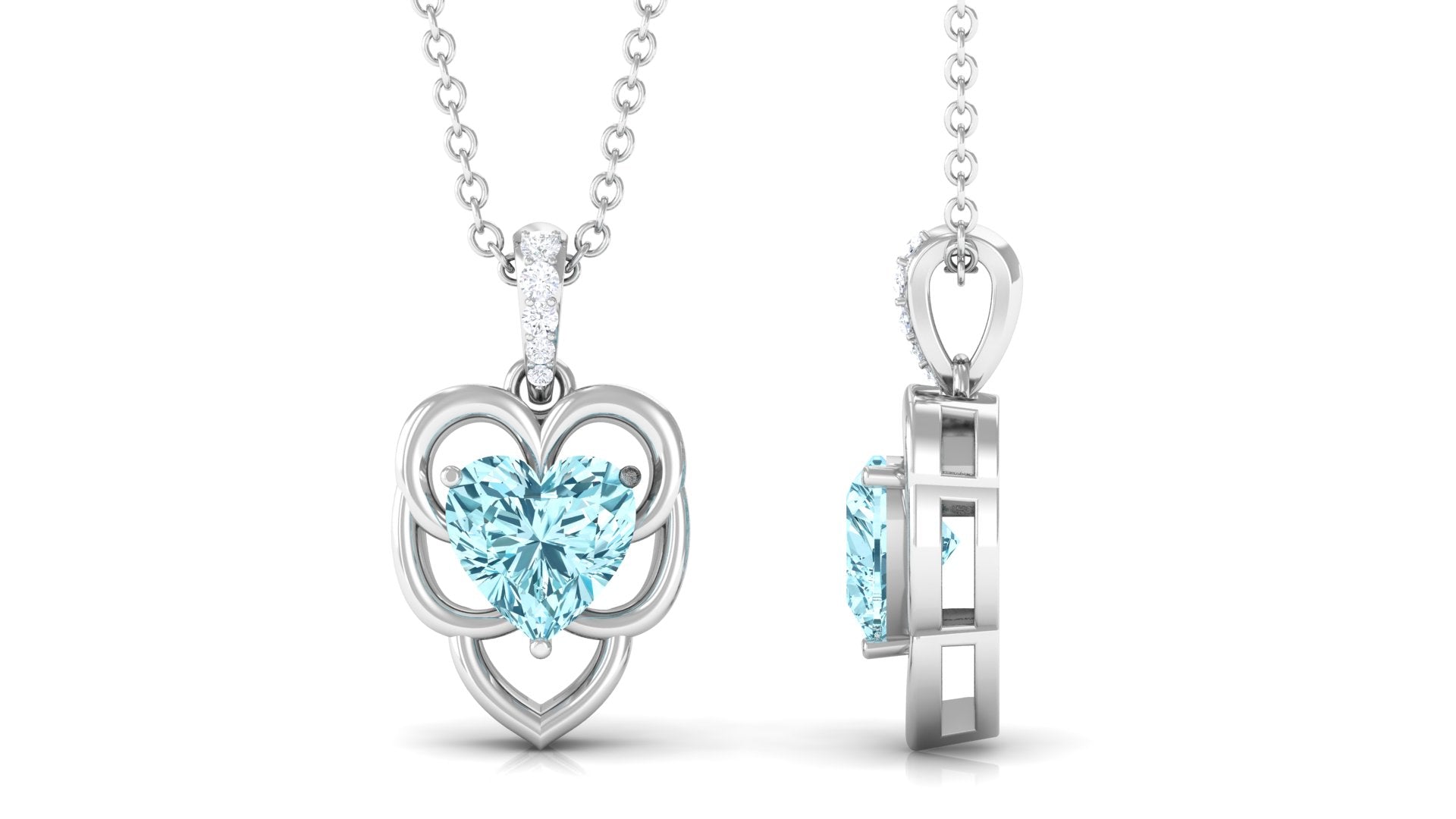 Heart Shape Aquamarine Leaf Pendant with Diamond Accent Bail Aquamarine - ( AAA ) - Quality - Rosec Jewels