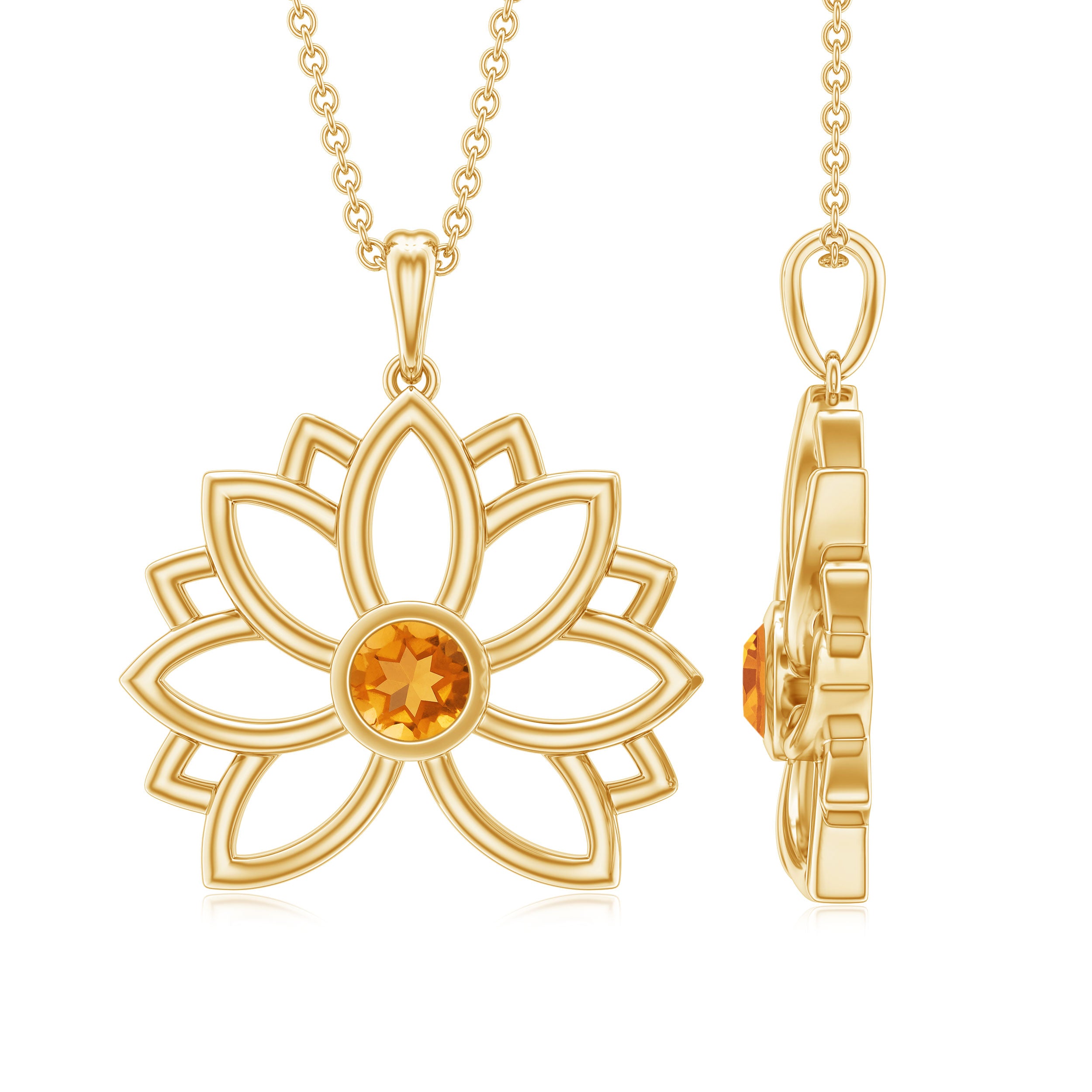 Lotus Flower Pendant with Bezel Set Citrine Solitaire Citrine - ( AAA ) - Quality - Rosec Jewels