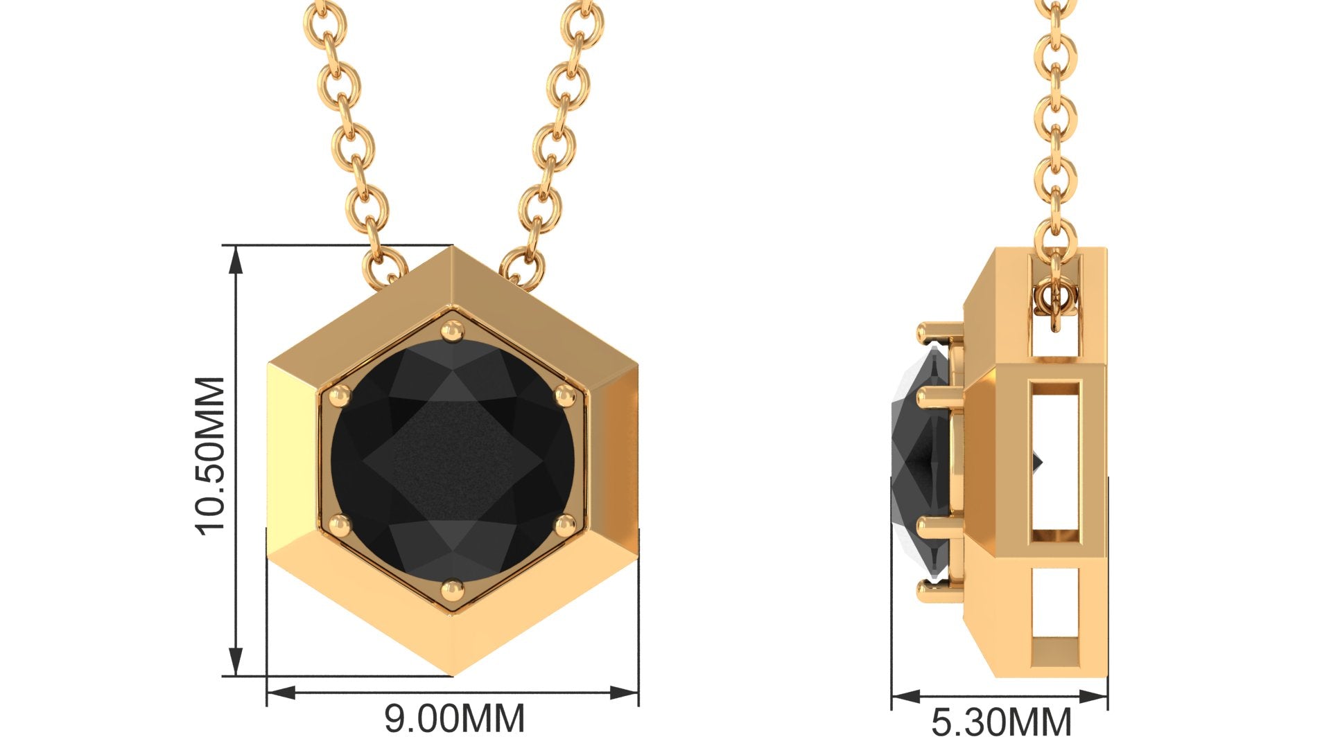 1.5 CT Round Black Spinel Gold Hexagon Pendant Necklace Black Spinel - ( AAA ) - Quality - Rosec Jewels