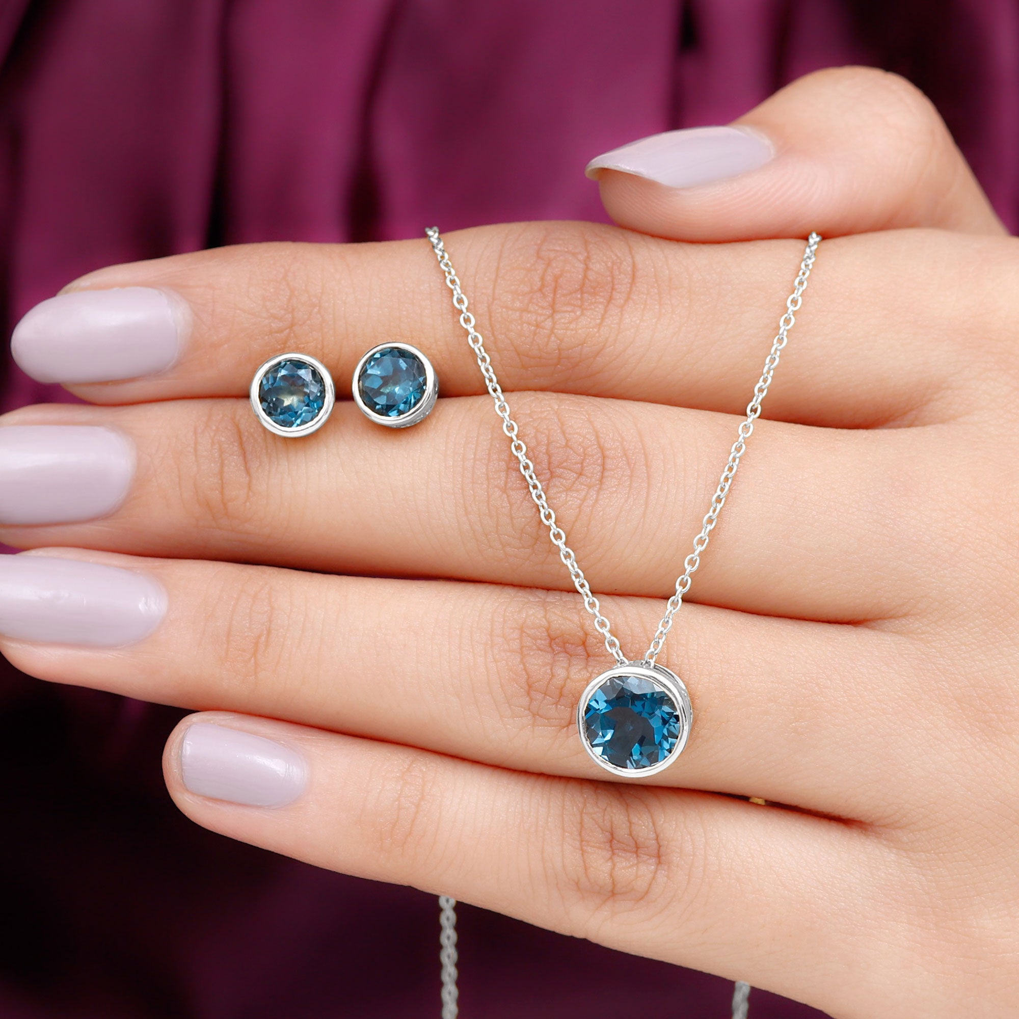 Round Cut London Blue Topaz Solitaire Jewelry Set in Bezel Setting London Blue Topaz - ( AAA ) - Quality - Rosec Jewels