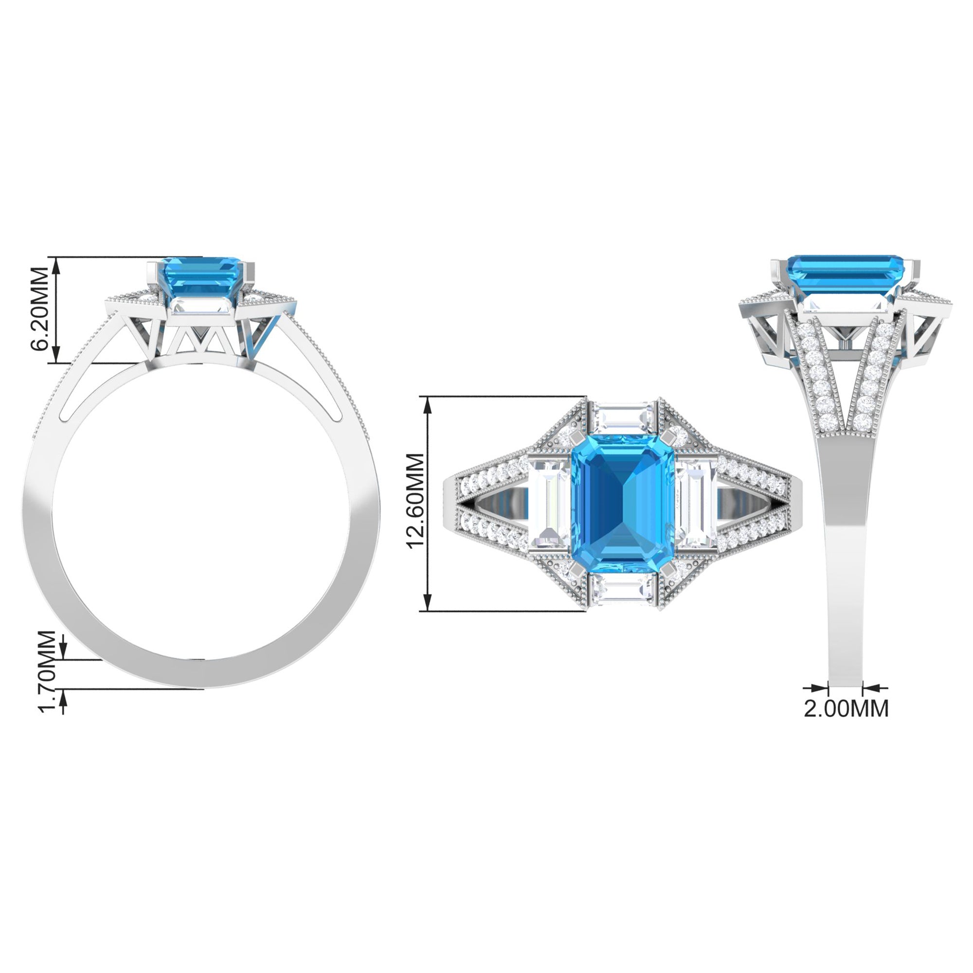 2.5 CT Octagon Swiss Blue Topaz Art Deco Engagement Ring with Moissanite Swiss Blue Topaz - ( AAA ) - Quality - Rosec Jewels