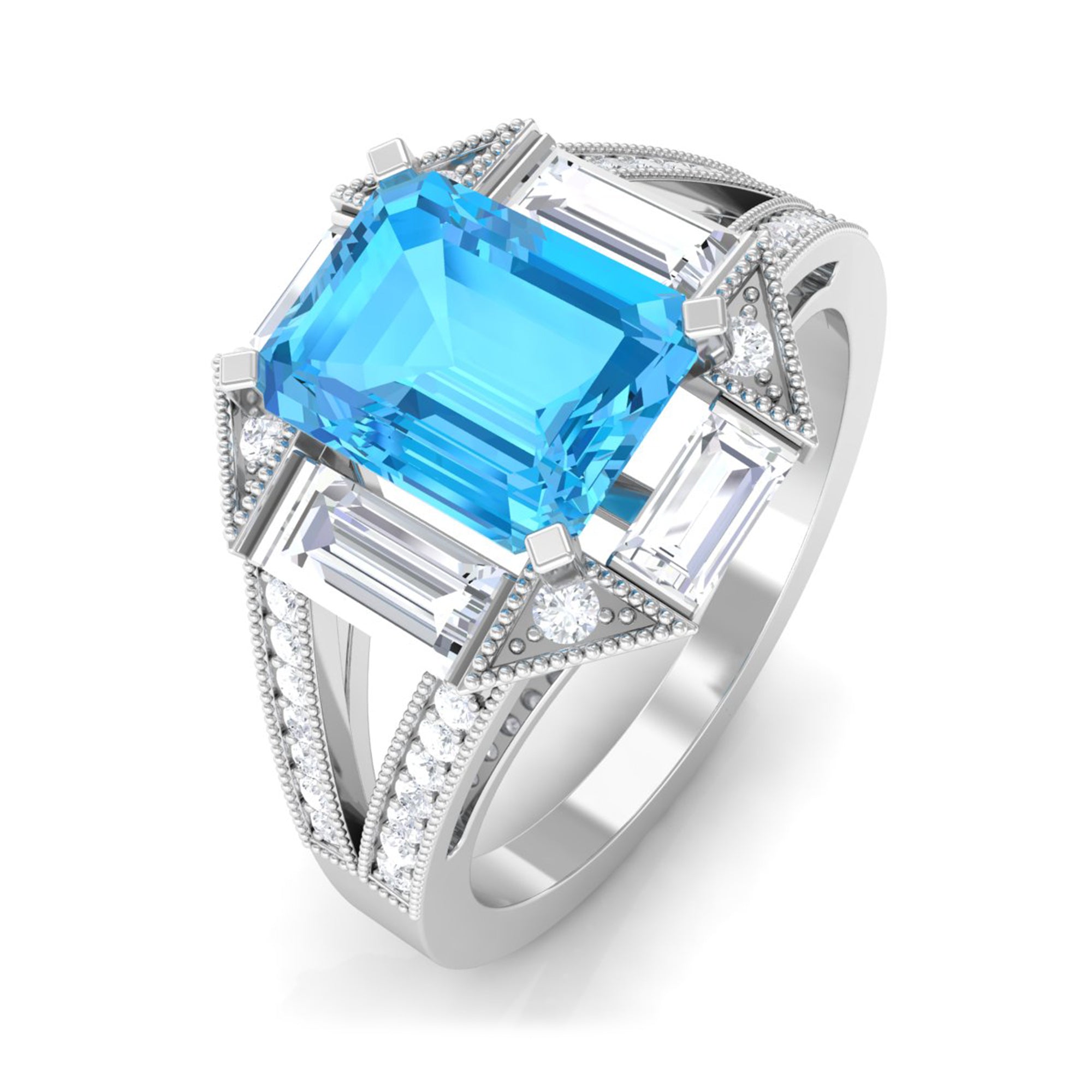 2.5 CT Octagon Swiss Blue Topaz Art Deco Engagement Ring with Moissanite Swiss Blue Topaz - ( AAA ) - Quality - Rosec Jewels