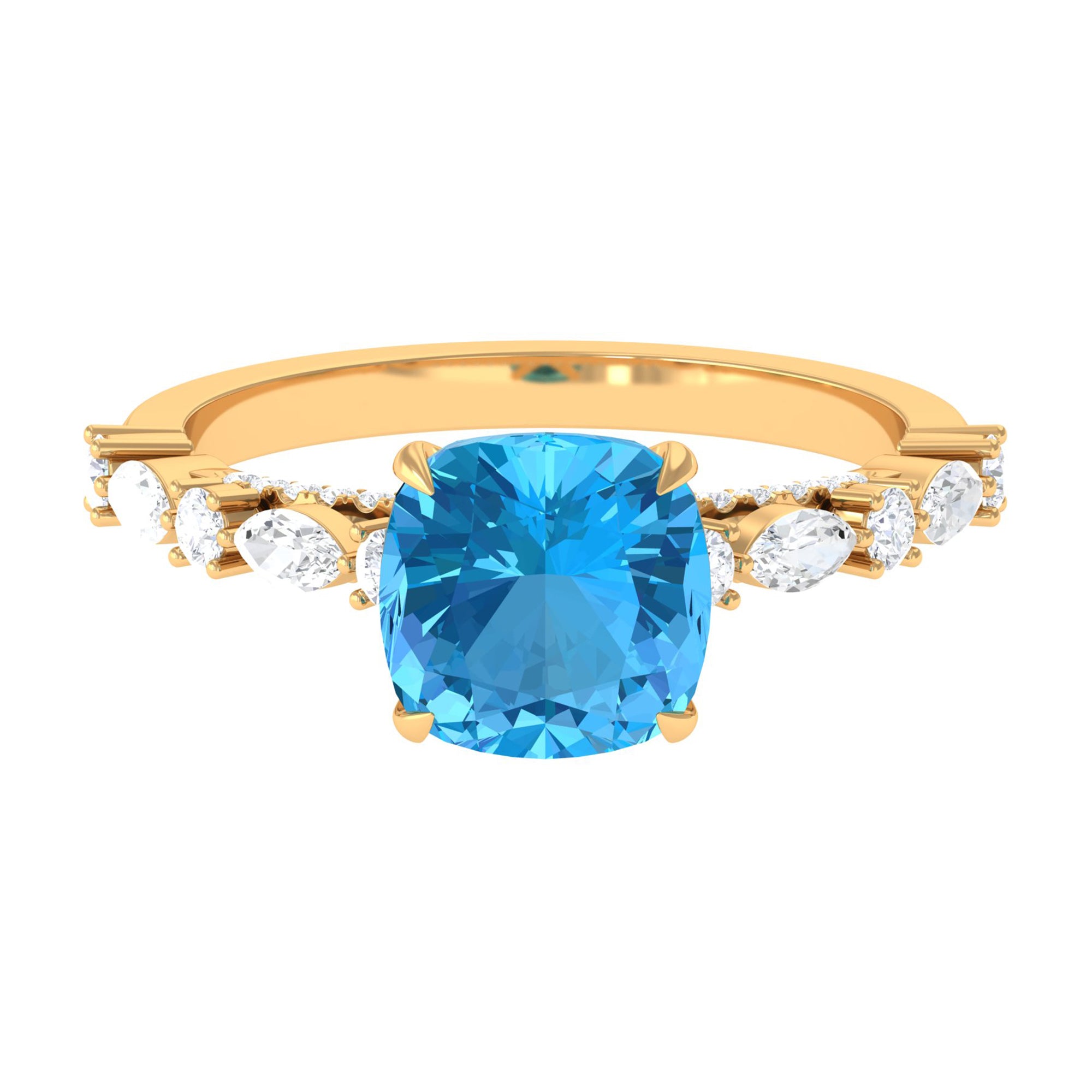 8 MM Cushion Cut Swiss Blue Topaz Solitaire with Moissanite Side Stone Ring Swiss Blue Topaz - ( AAA ) - Quality - Rosec Jewels