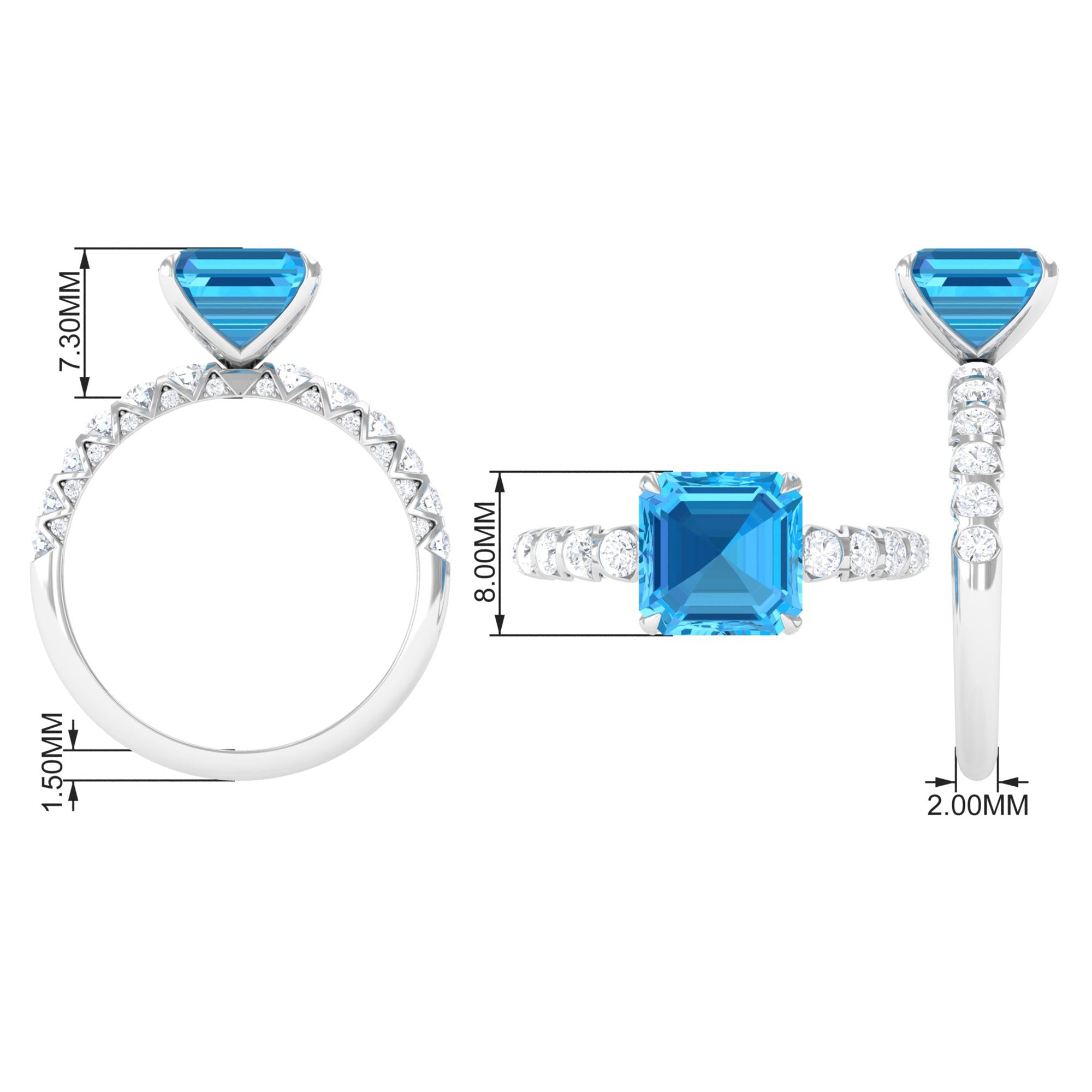 Asscher Cut Swiss Blue Topaz and Diamond Side Stones Ring Swiss Blue Topaz - ( AAA ) - Quality - Rosec Jewels