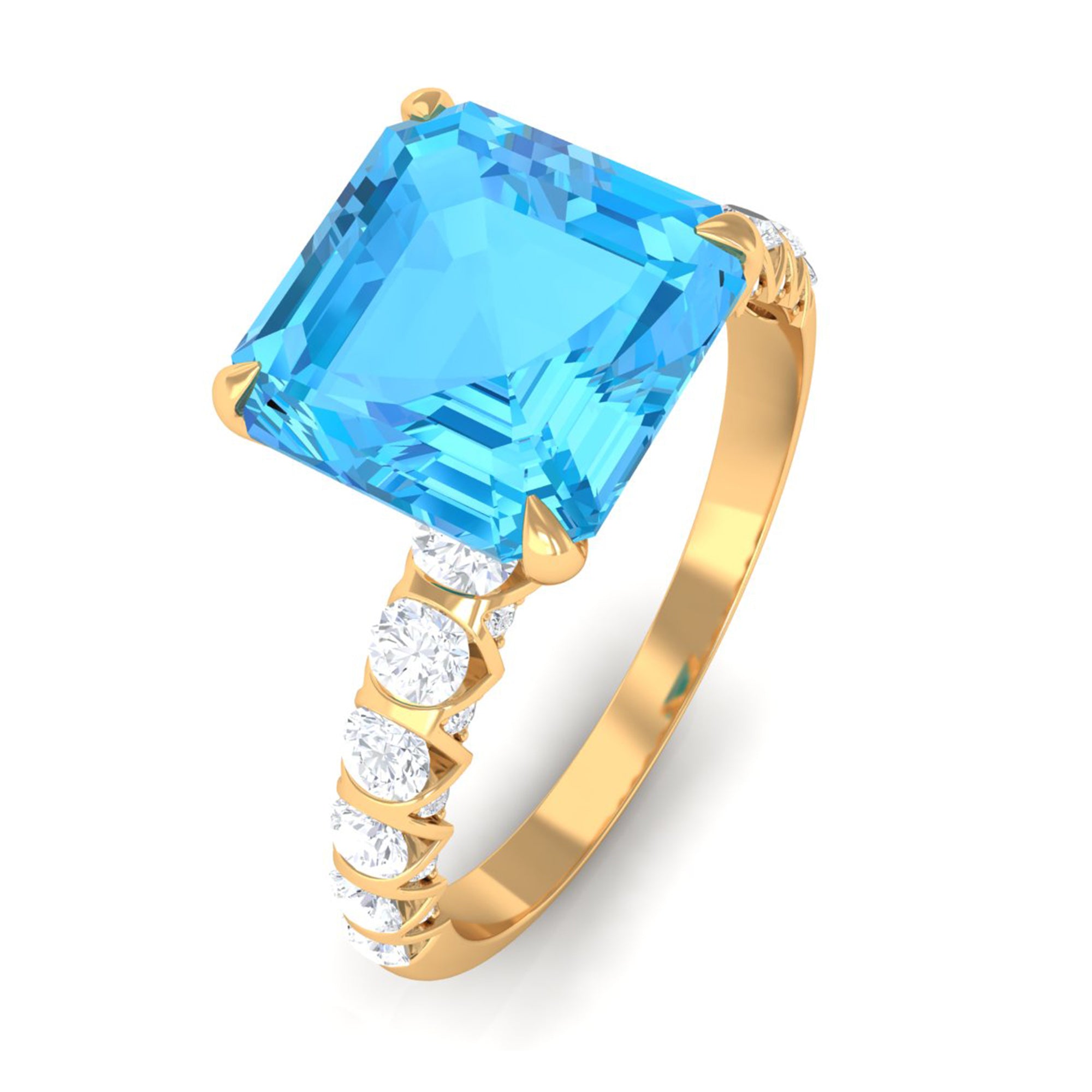 Asscher Cut Swiss Blue Topaz and Diamond Side Stones Ring Swiss Blue Topaz - ( AAA ) - Quality - Rosec Jewels