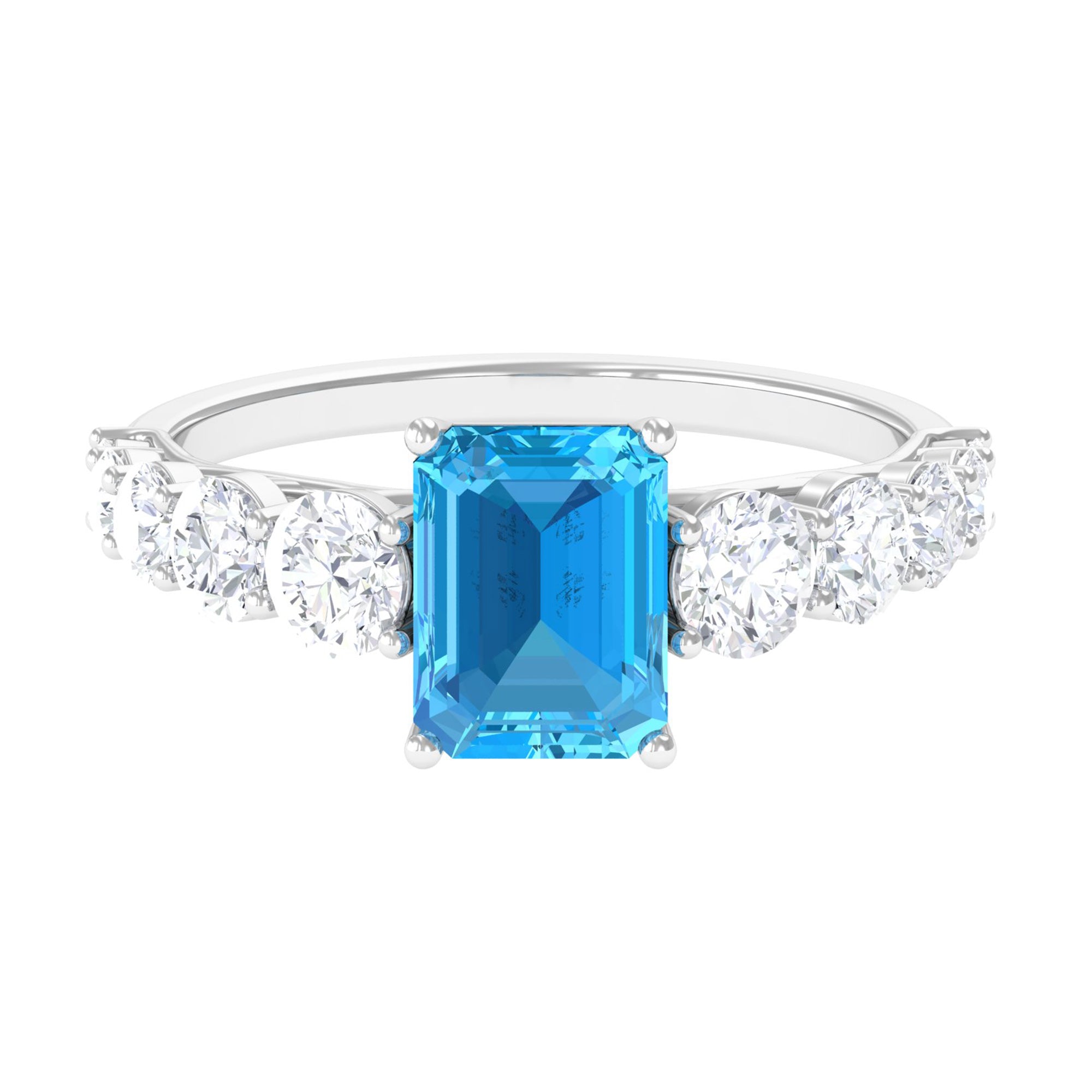 Octagon Cut Swiss Blue Topaz and Moissanite Side Stone Engagement Ring Swiss Blue Topaz - ( AAA ) - Quality - Rosec Jewels