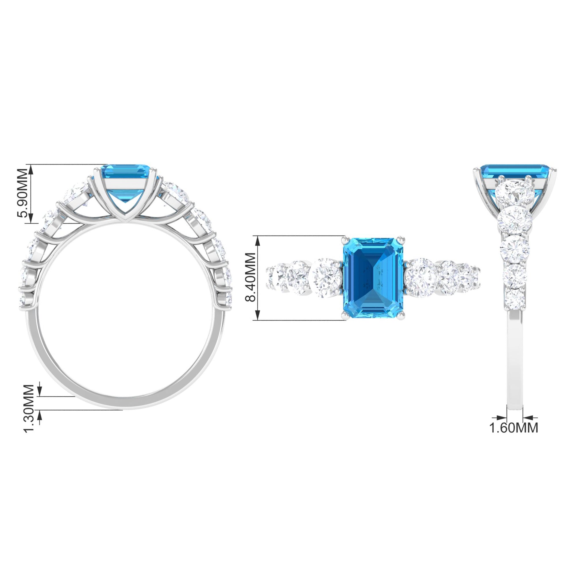 Octagon Cut Swiss Blue Topaz and Moissanite Side Stone Engagement Ring Swiss Blue Topaz - ( AAA ) - Quality - Rosec Jewels