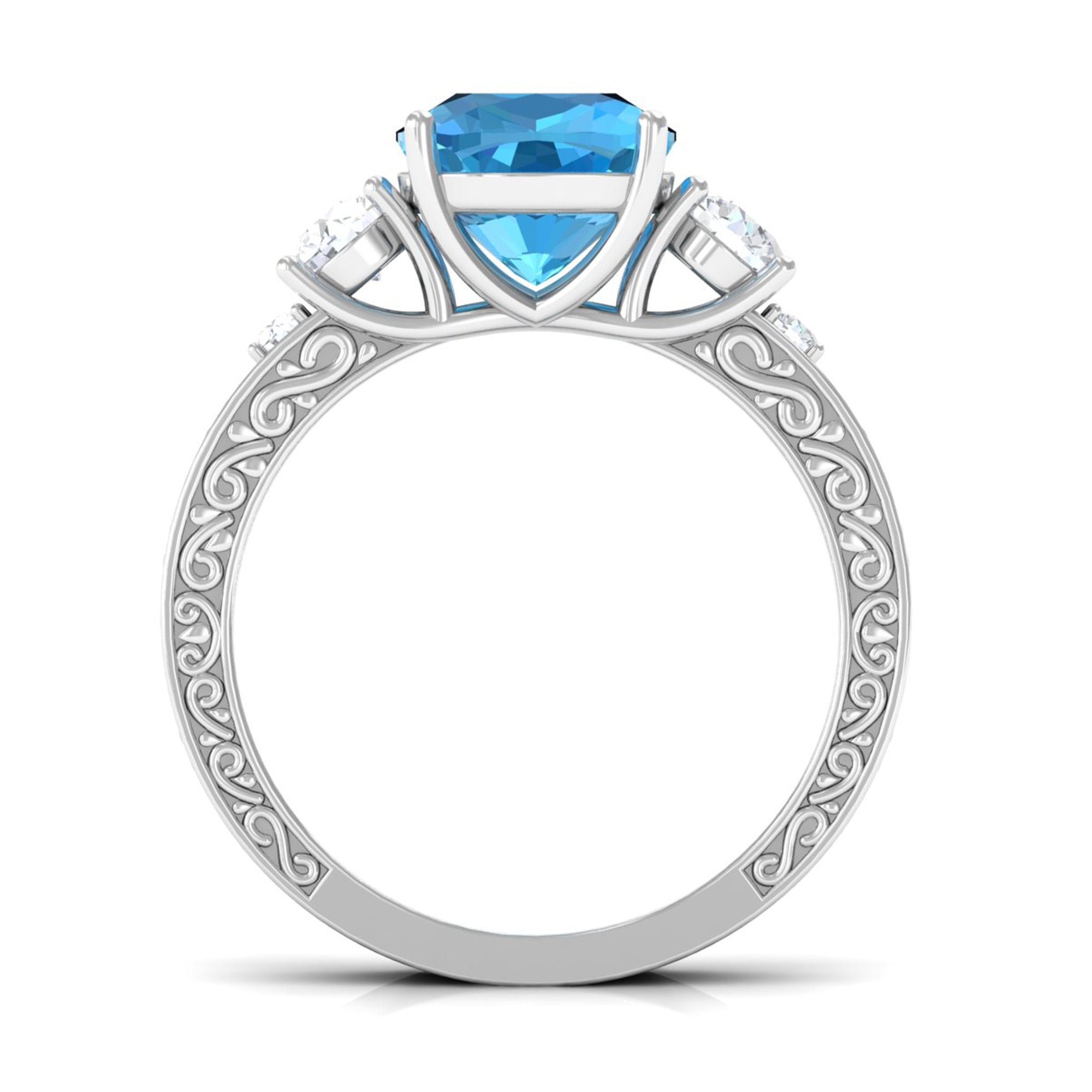 8 MM Three Stone Cushion Cut Swiss Blue Topaz Solitaire with Moissanite Engagement Ring Swiss Blue Topaz - ( AAA ) - Quality - Rosec Jewels