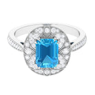 6X8 MM Emerald Cut Swiss Blue Topaz Solitaire with Diamond Vintage Ring Swiss Blue Topaz - ( AAA ) - Quality - Rosec Jewels