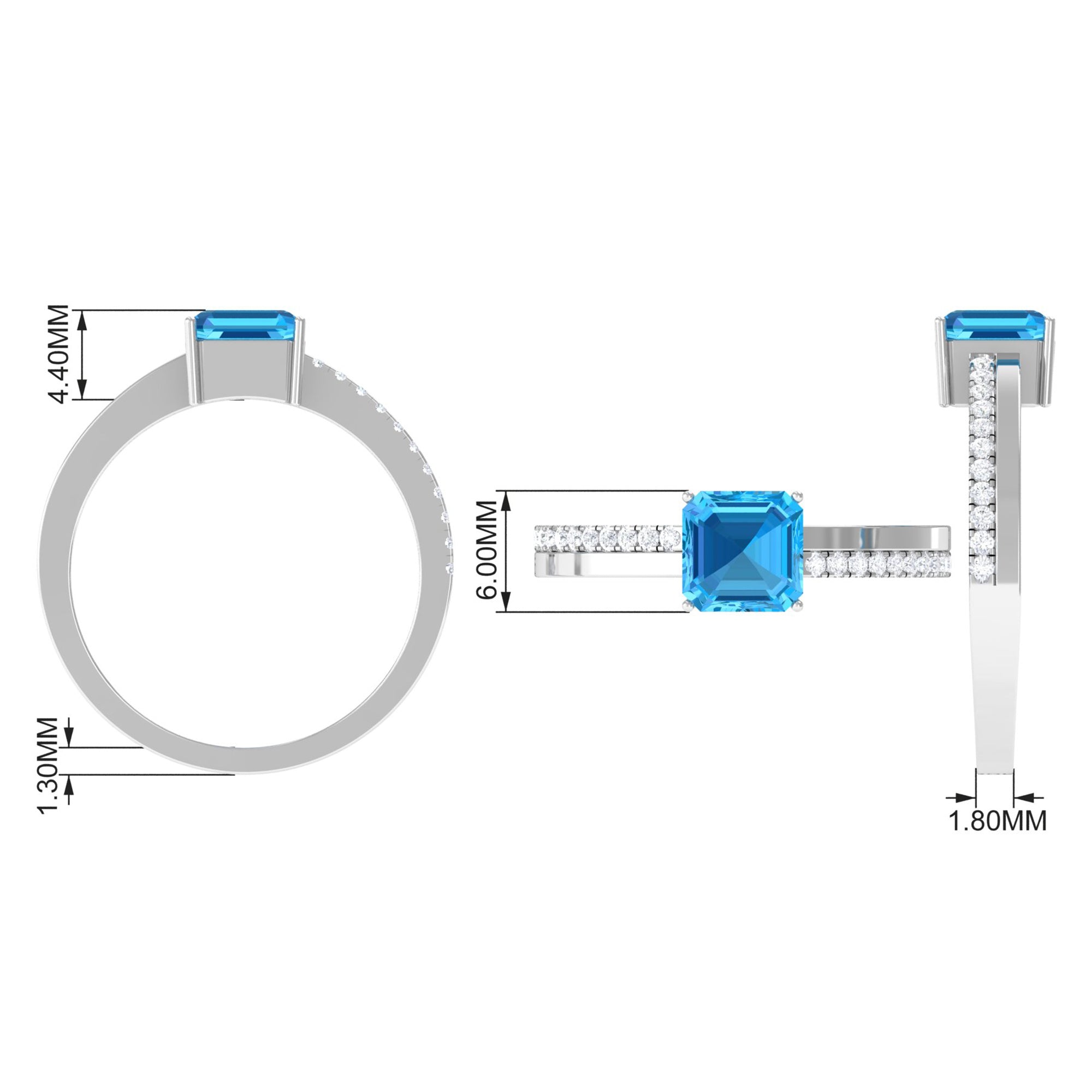 6 MM Two Tone Asscher Cut Swiss Blue Topaz Solitaire with Diamond Side Stone Ring Swiss Blue Topaz - ( AAA ) - Quality - Rosec Jewels