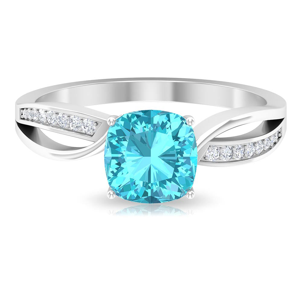 1.50 CT Two Tone Cushion Cut Swiss Blue Topaz Solitaire with Diamond Split Shank Ring Swiss Blue Topaz - ( AAA ) - Quality - Rosec Jewels