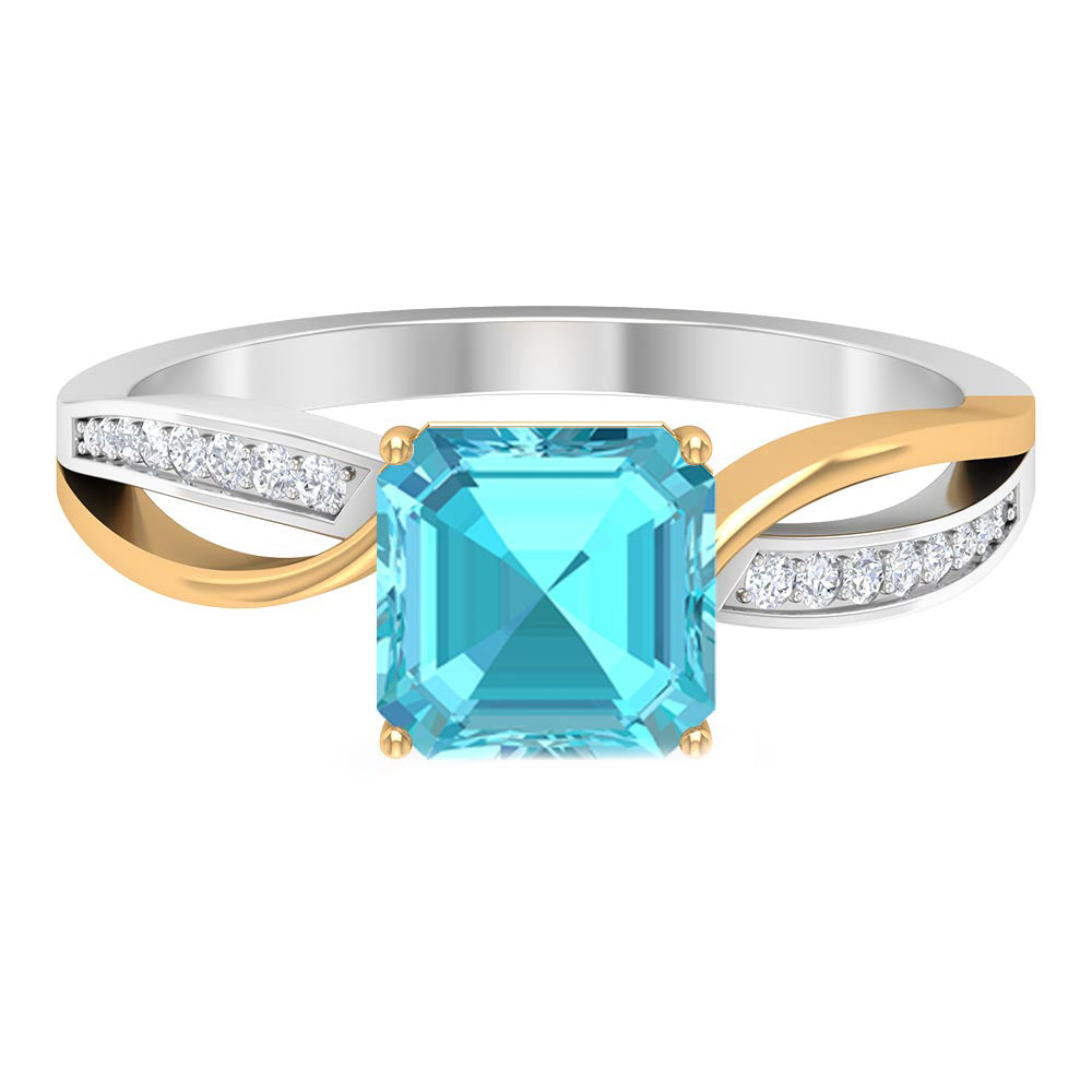 2.25 CT Two Tone Asscher Cut Swiss Blue Topaz Solitaire with Diamond Side Stone Ring Swiss Blue Topaz - ( AAA ) - Quality - Rosec Jewels