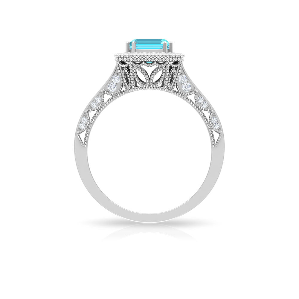 Asscher Cut Swiss Blue Topaz and Moissanite Engagement Ring Swiss Blue Topaz - ( AAA ) - Quality - Rosec Jewels