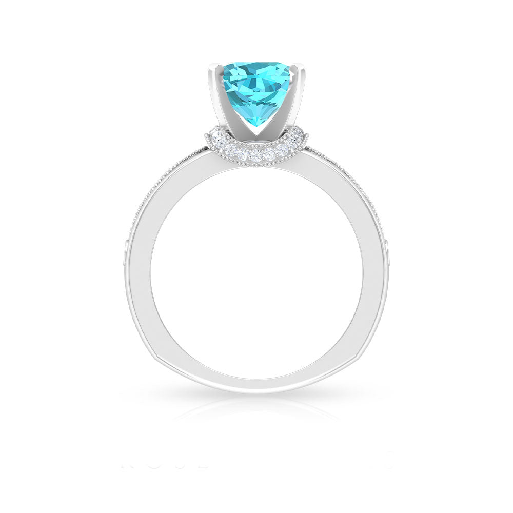 2.50 CT Swiss Blue Topaz Milgrain Solitaire Ring with Diamond Accents Swiss Blue Topaz - ( AAA ) - Quality - Rosec Jewels