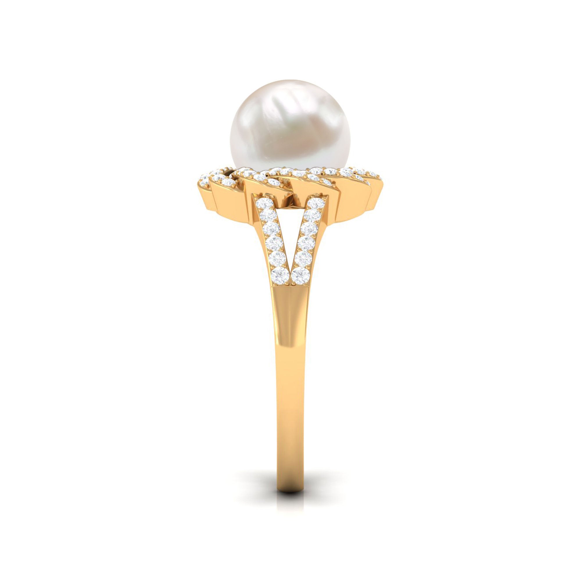 Split Shank Freshwater Pearl and Diamond Braided Statement Ring Freshwater Pearl - ( AAA ) - Quality - Rosec Jewels