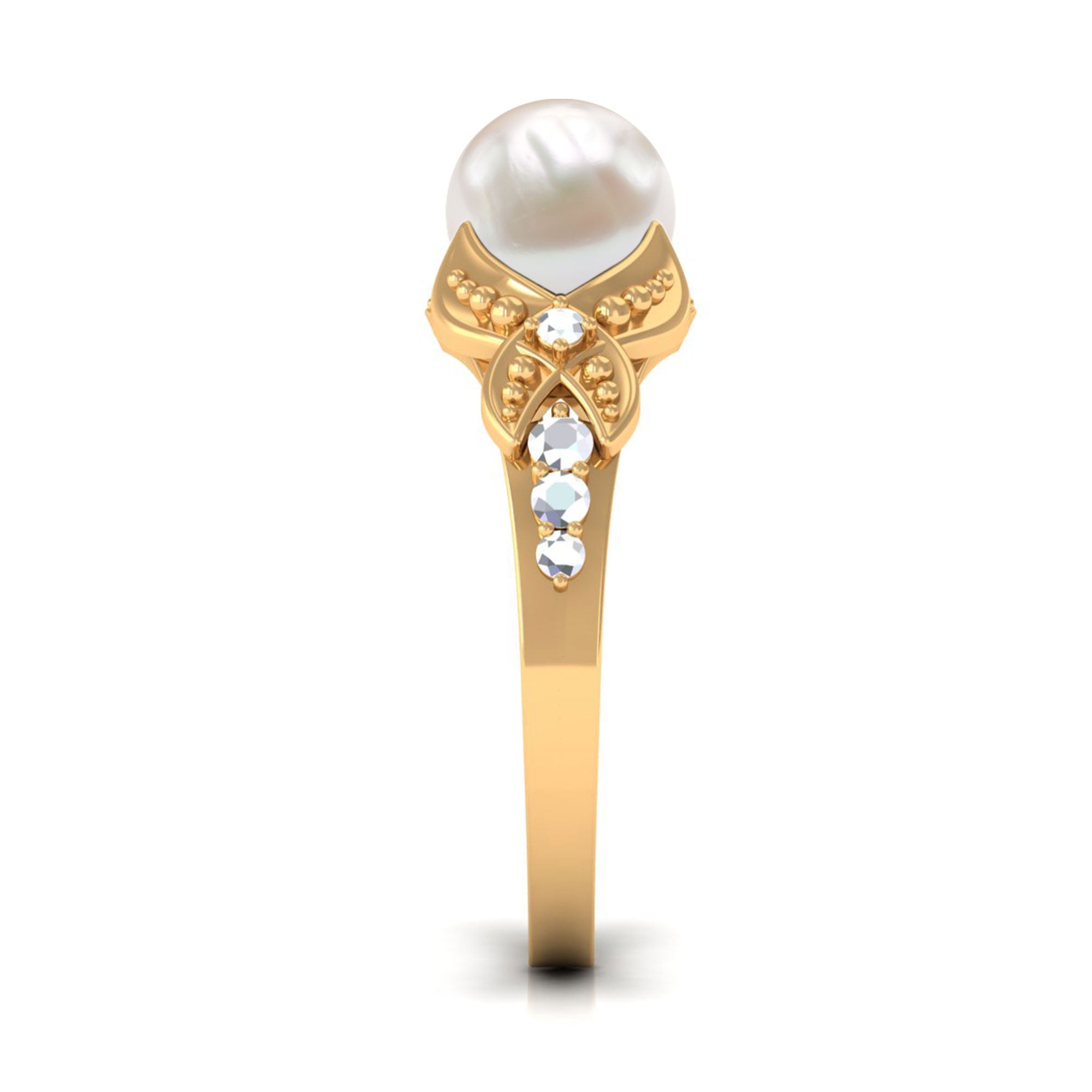 Split Shank Freshwater Pearl Solitaire Engagement Ring with Diamond Freshwater Pearl - ( AAA ) - Quality - Rosec Jewels