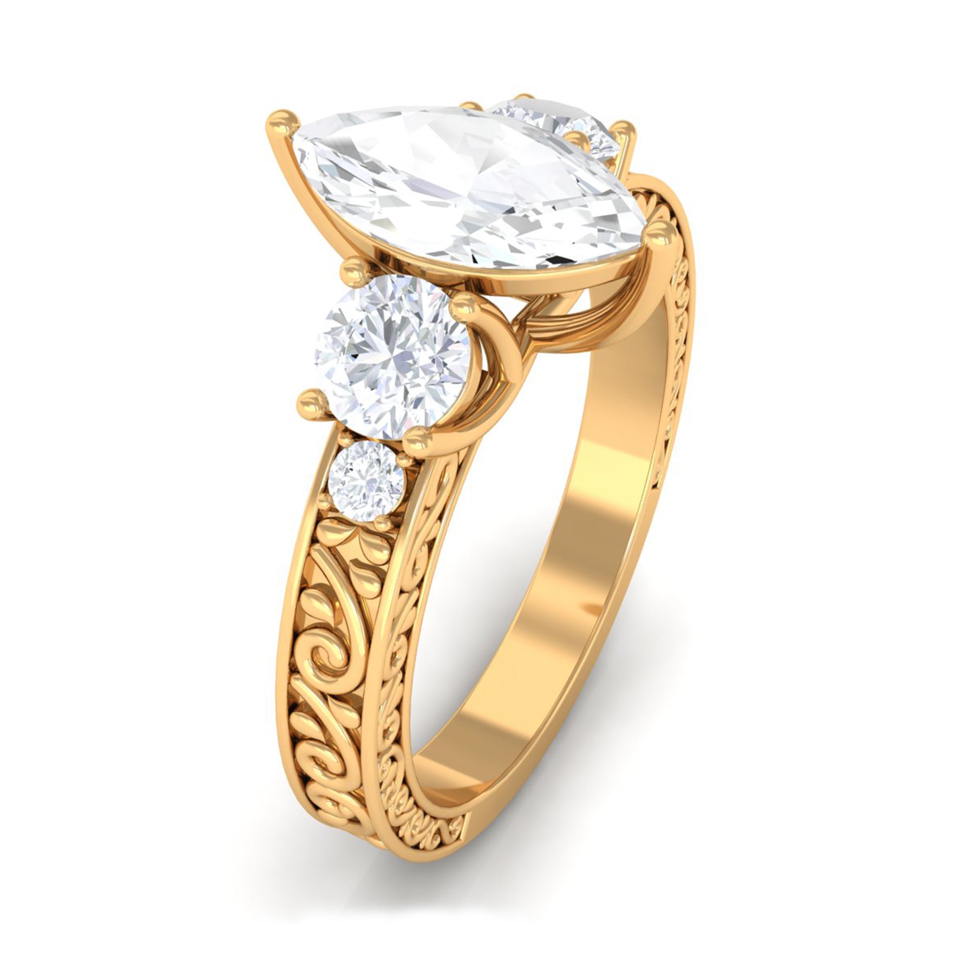 Certified Zircon Three Stone Engraved Band Ring Zircon - ( AAAA ) - Quality - Rosec Jewels