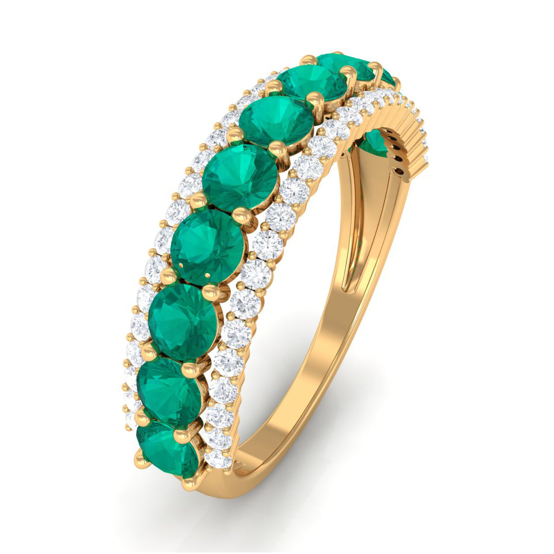 1 CT Round Emerald Classic Half Eternity Band Ring with Diamond Accent Emerald - ( AAA ) - Quality - Rosec Jewels