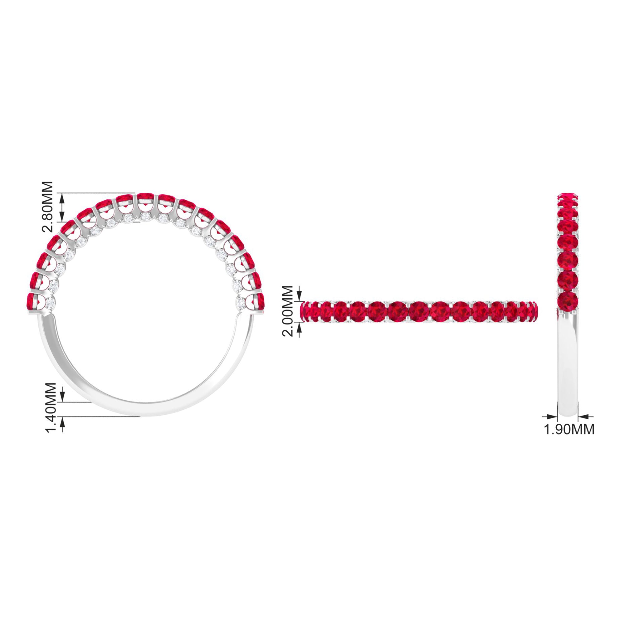 1 CT Round Shape Lab Grown Ruby and Diamond Semi Eternity Ring Lab Created Ruby - ( AAAA ) - Quality - Rosec Jewels