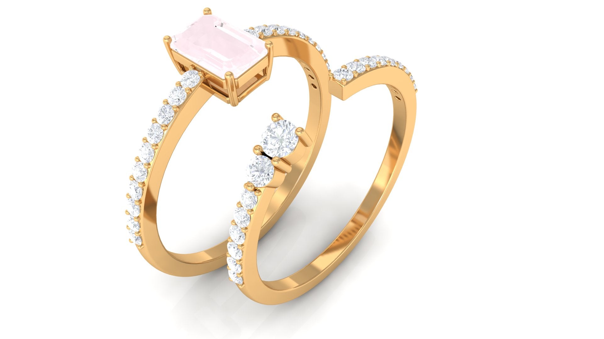 Natural Rose Quartz and Diamond Stackable Ring Set Rose Quartz - ( AAA ) - Quality - Rosec Jewels