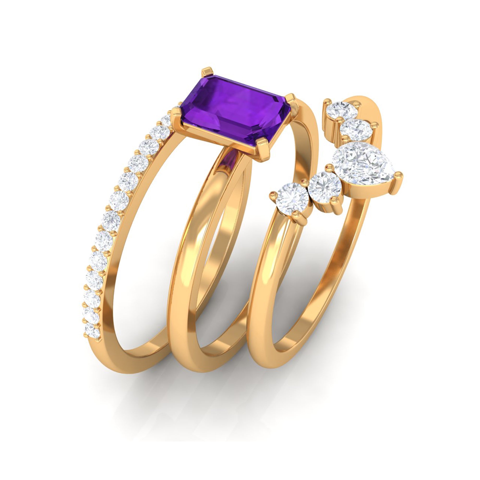 Octagon Amethyst Solitaire Ring Set of 3 with Moissanite Amethyst - ( AAA ) - Quality - Rosec Jewels