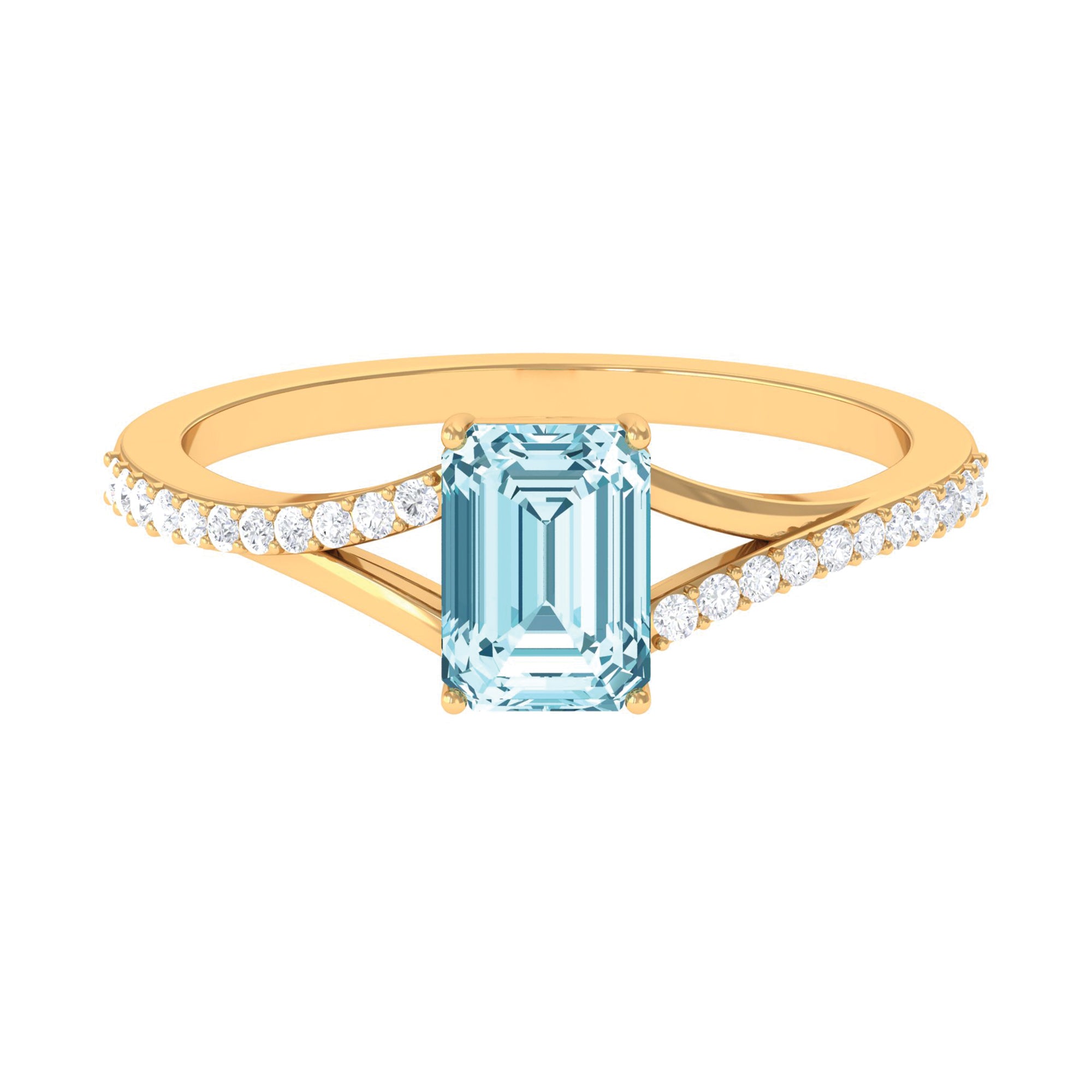 Octagon Cut Solitaire Aquamarine Engagement Ring with Diamond Aquamarine - ( AAA ) - Quality - Rosec Jewels