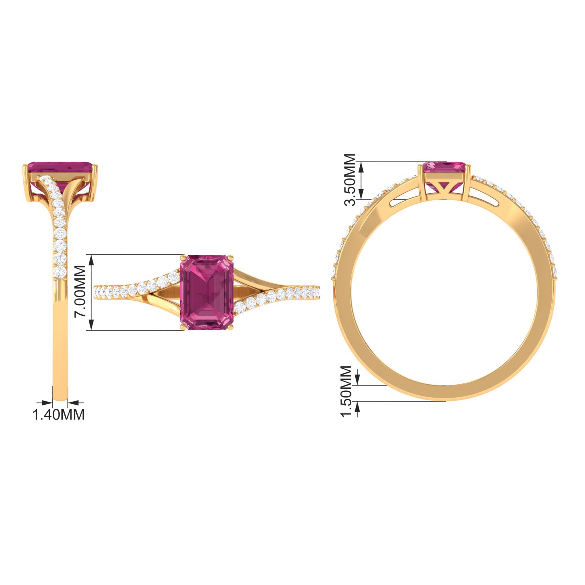 1.50 CT Natural Pink Tourmaline Solitaire Split Shank Ring with Diamond Pink Tourmaline - ( AAA ) - Quality - Rosec Jewels