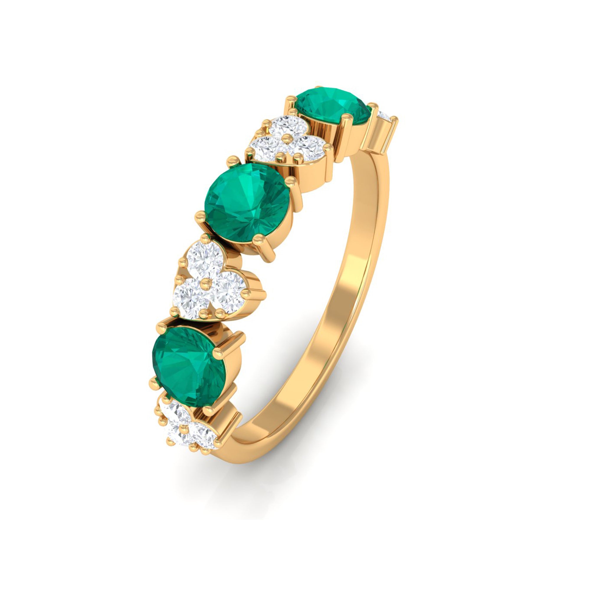 Alternate Emerald and Pave Diamond Heart Half Eternity Ring Emerald - ( AAA ) - Quality - Rosec Jewels