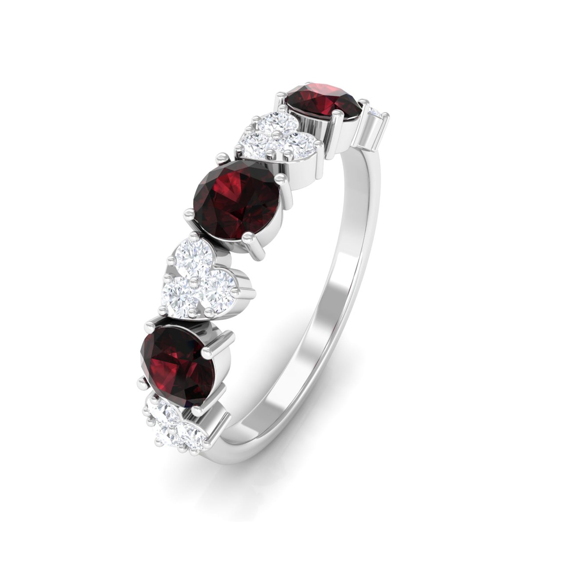 Alternate Garnet and Pave Diamond Heart Half Eternity Ring Garnet - ( AAA ) - Quality - Rosec Jewels