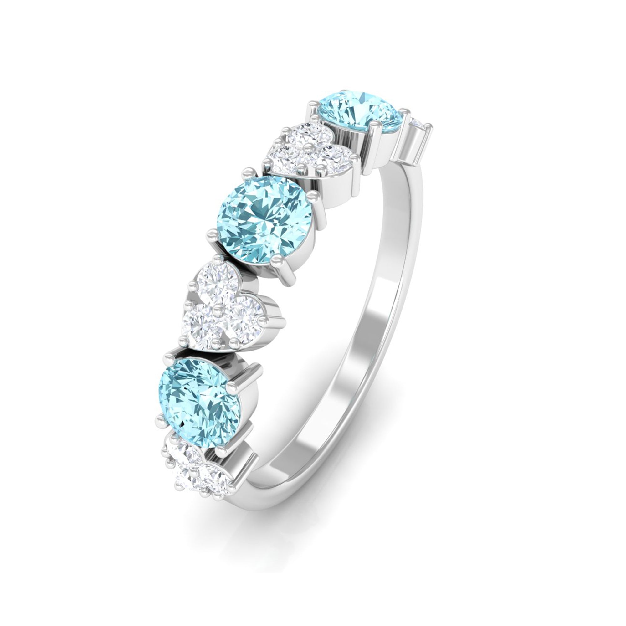 Aquamarine and Diamond Heart Shape Eternity Ring Aquamarine - ( AAA ) - Quality - Rosec Jewels