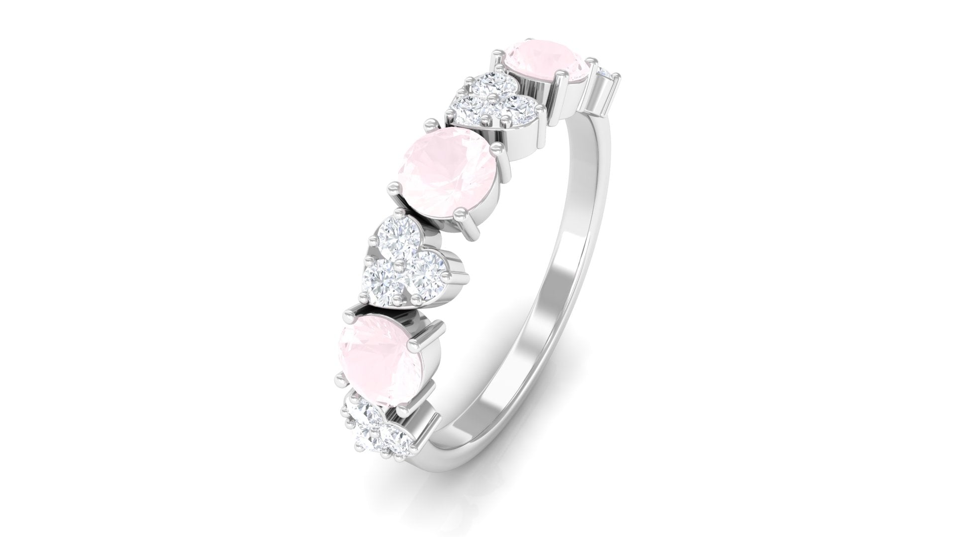 Rose Quartz and Diamond Heart Shape Alternate Half Eternity Ring Rose Quartz - ( AAA ) - Quality - Rosec Jewels