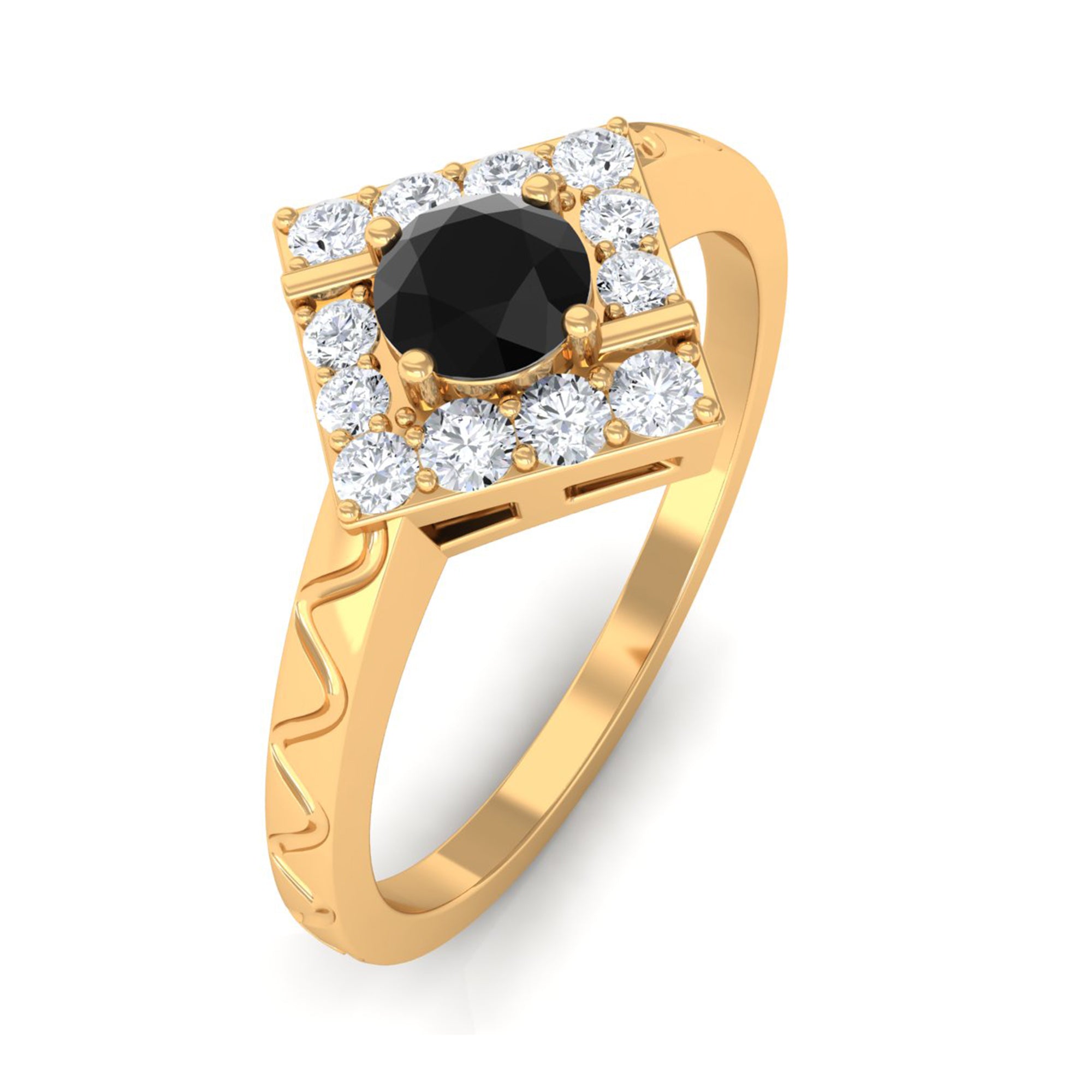 3/4 CT Black Spinel and Diamond Textured Ring Black Spinel - ( AAA ) - Quality - Rosec Jewels