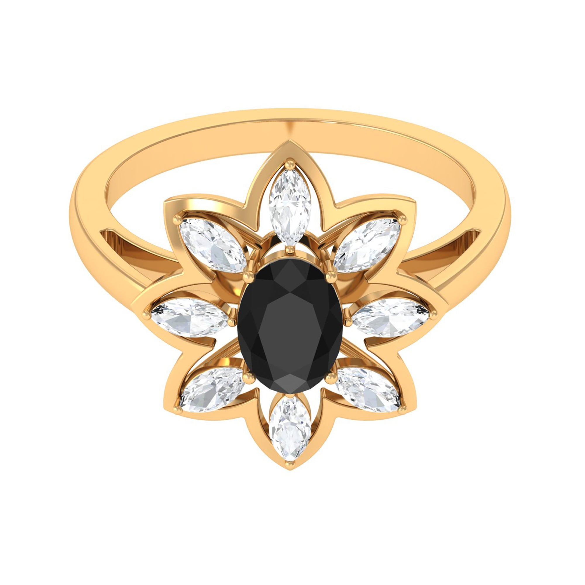 1.25 Ct Oval Black Onyx Flower Cocktail Ring with Moissanite Black Onyx - ( AAA ) - Quality - Rosec Jewels