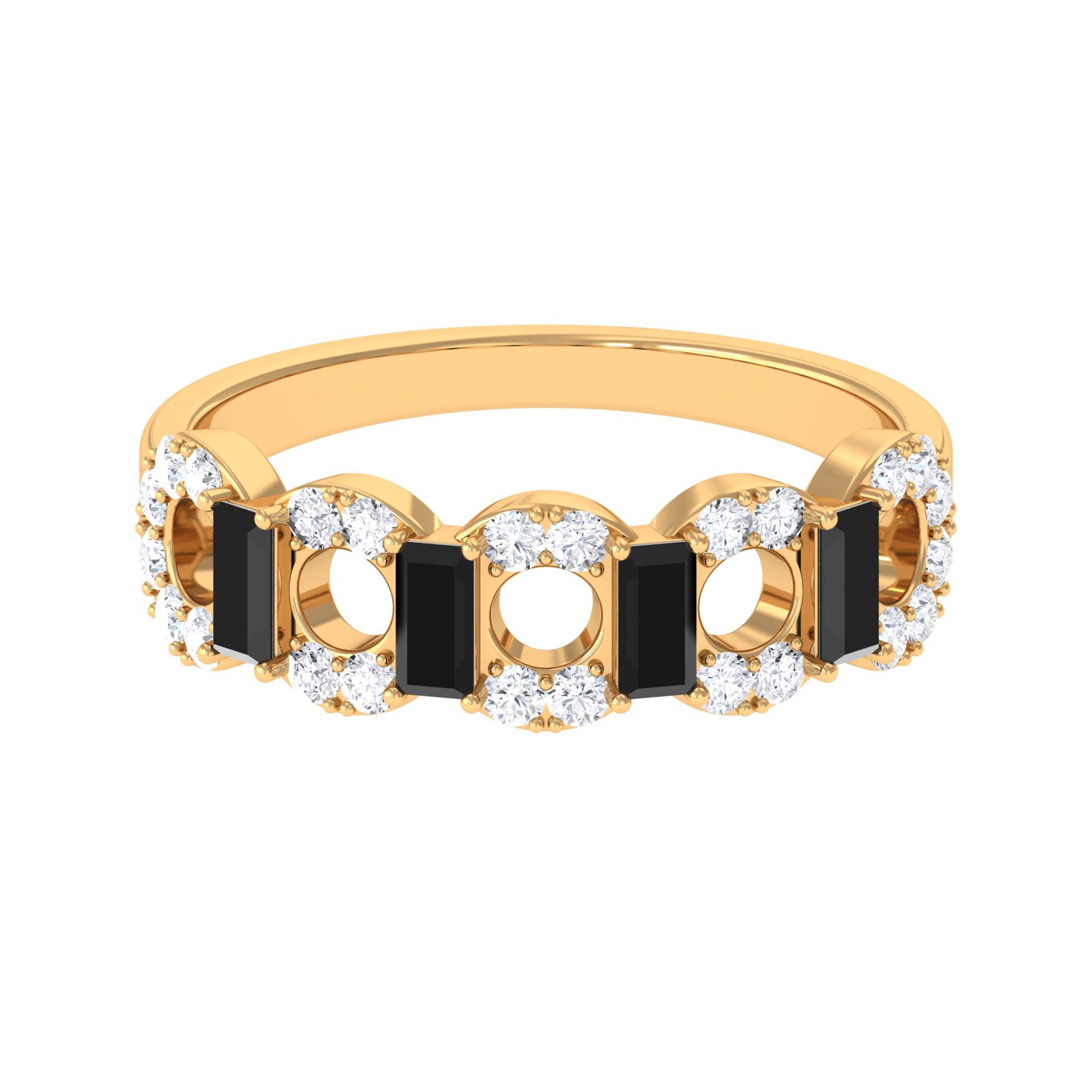 Art Deco Half Eternity Ring with Black Onyx and Diamond Black Onyx - ( AAA ) - Quality - Rosec Jewels