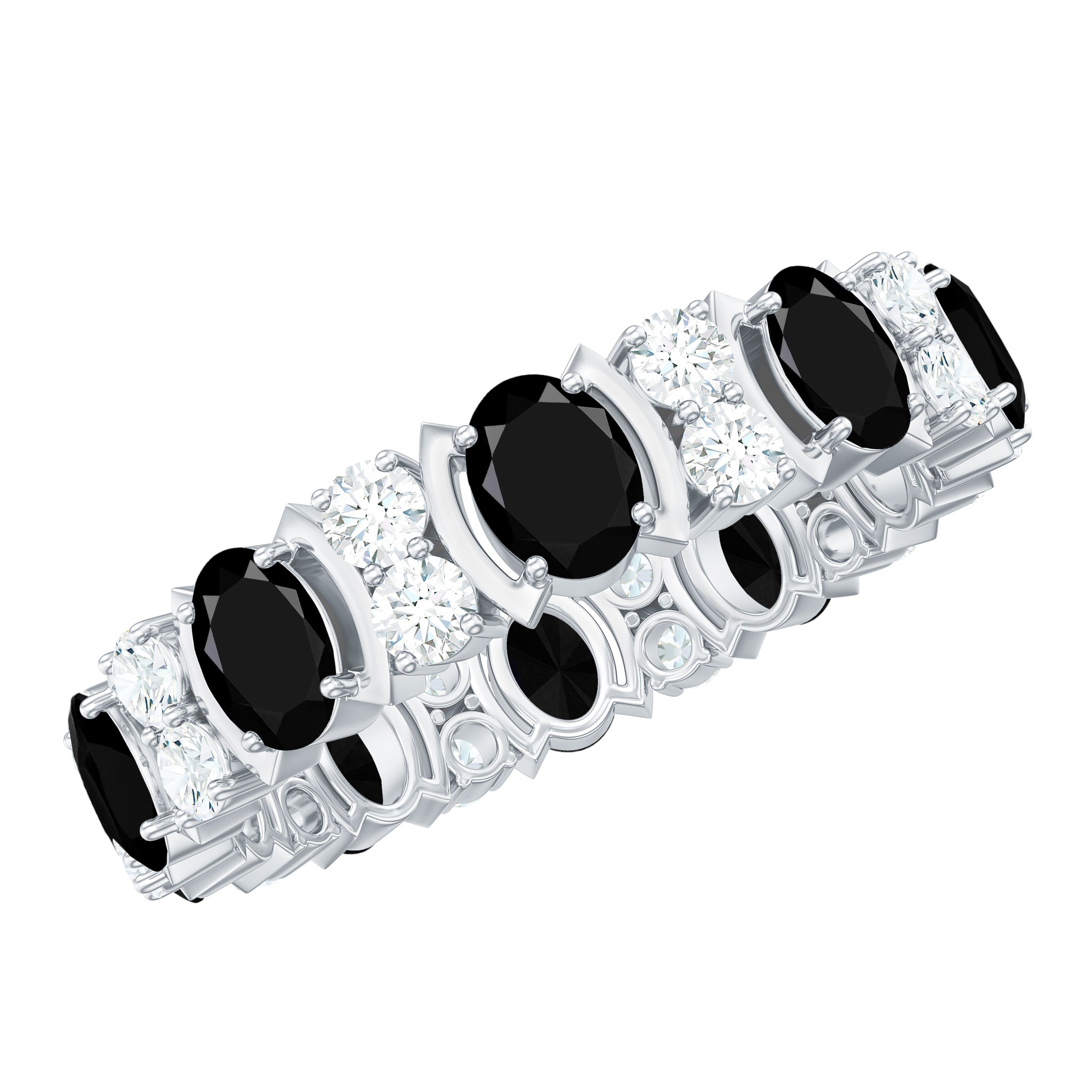 Oval Black Onyx and Moissanite Eternity Anniversary Band Ring Black Onyx - ( AAA ) - Quality - Rosec Jewels