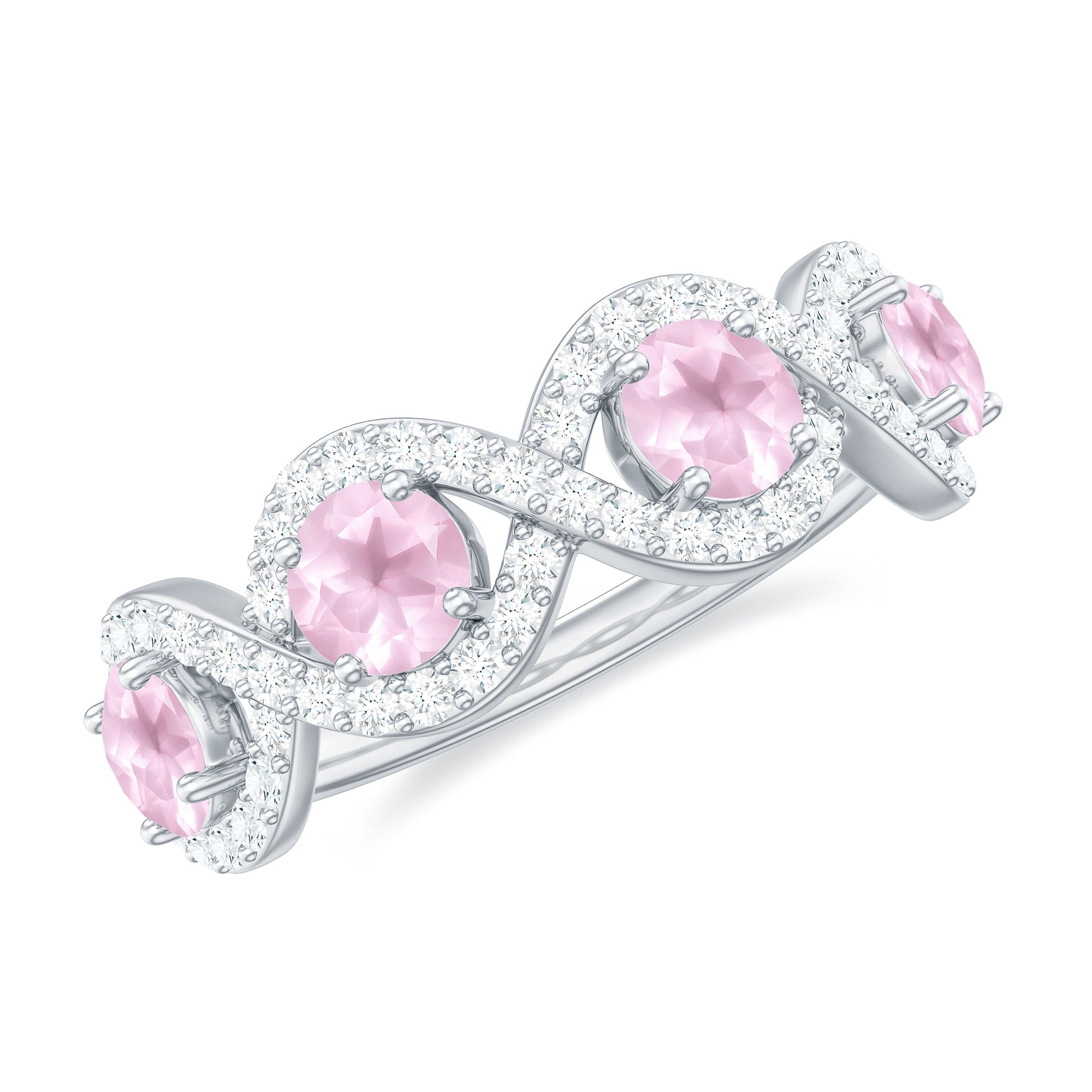 Real Rose Quartz and Diamond Braided Half Eternity Ring Rose Quartz - ( AAA ) - Quality - Rosec Jewels