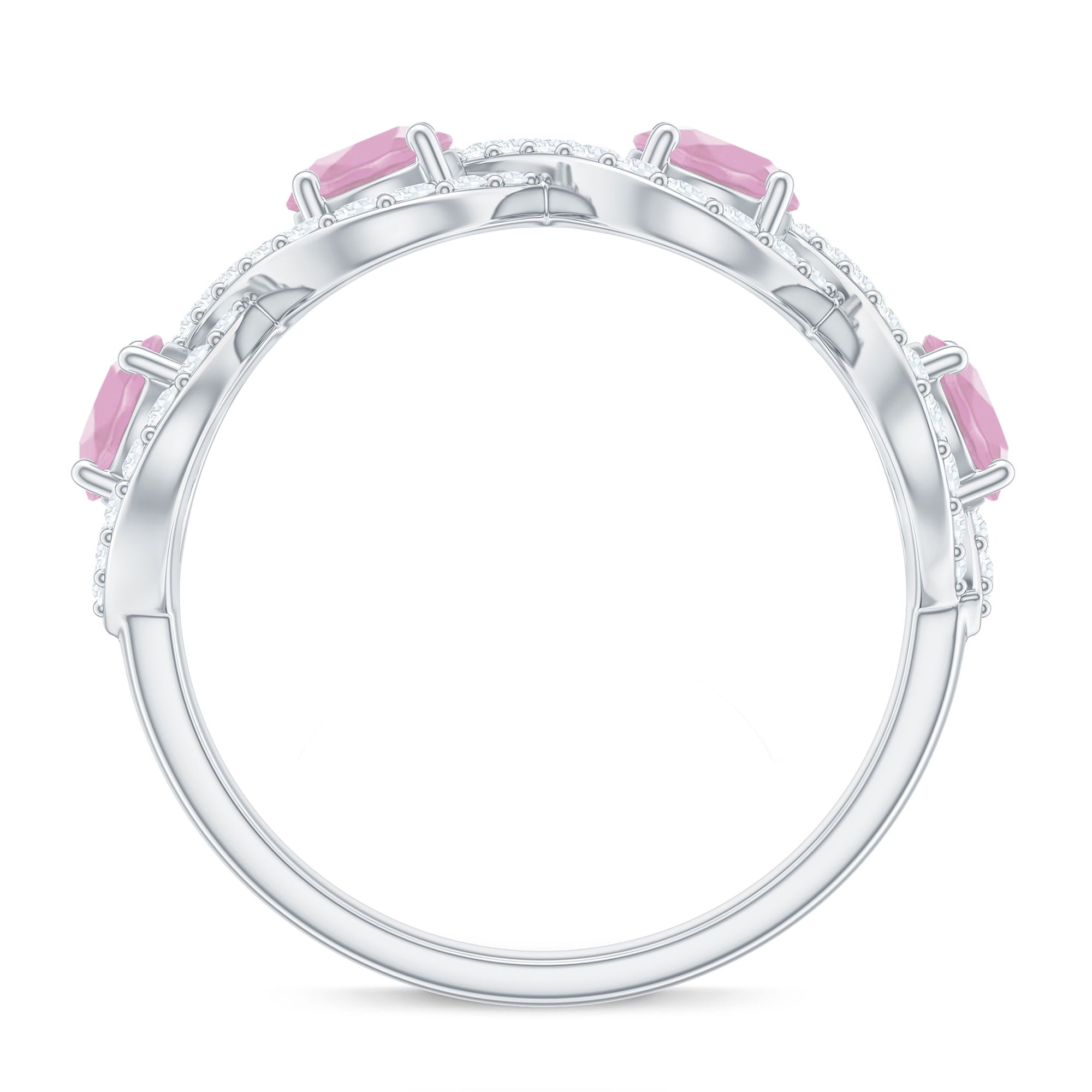 Real Rose Quartz and Diamond Braided Half Eternity Ring Rose Quartz - ( AAA ) - Quality - Rosec Jewels