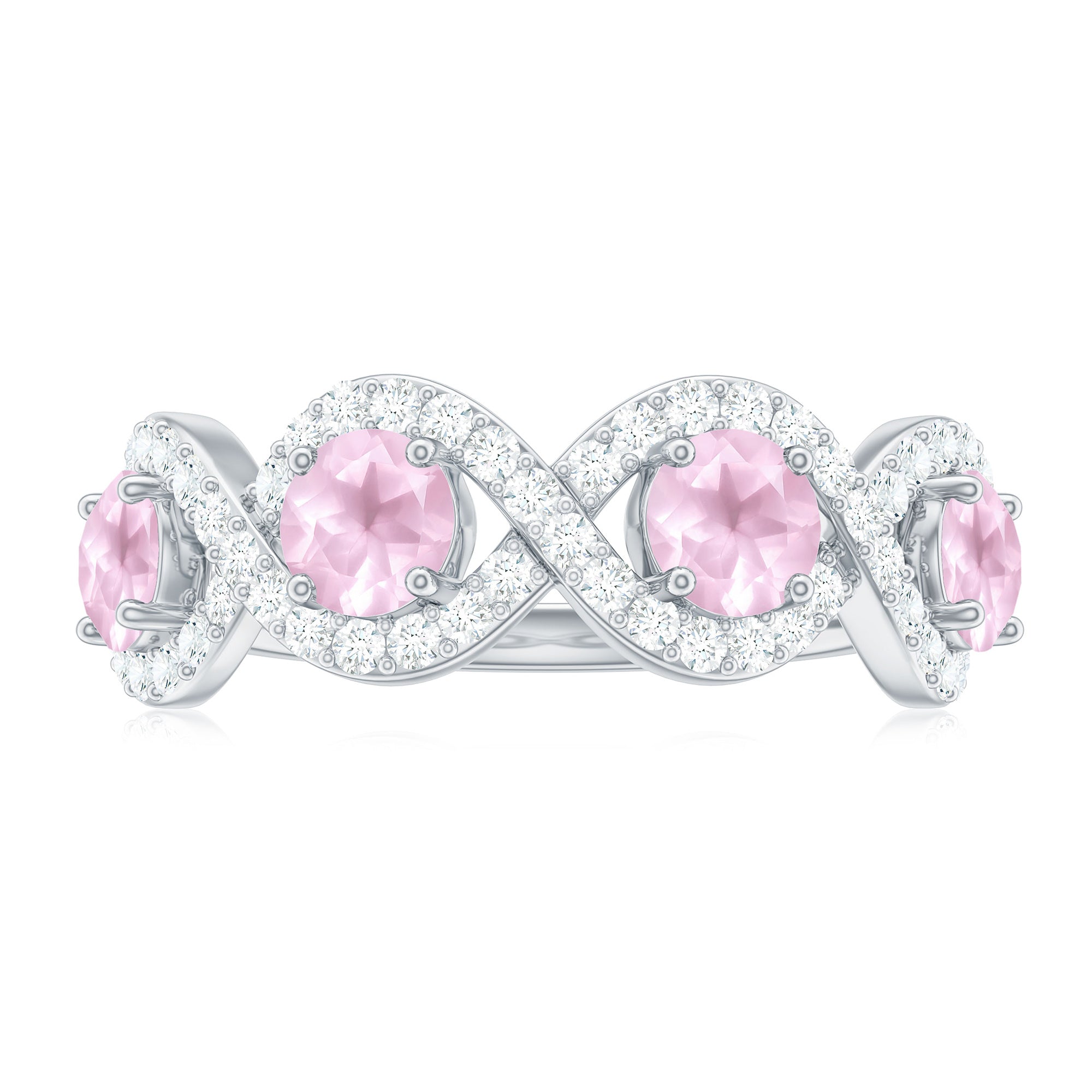 Real Rose Quartz and Diamond Braided Half Eternity Ring Rose Quartz - ( AAA ) - Quality - Rosec Jewels