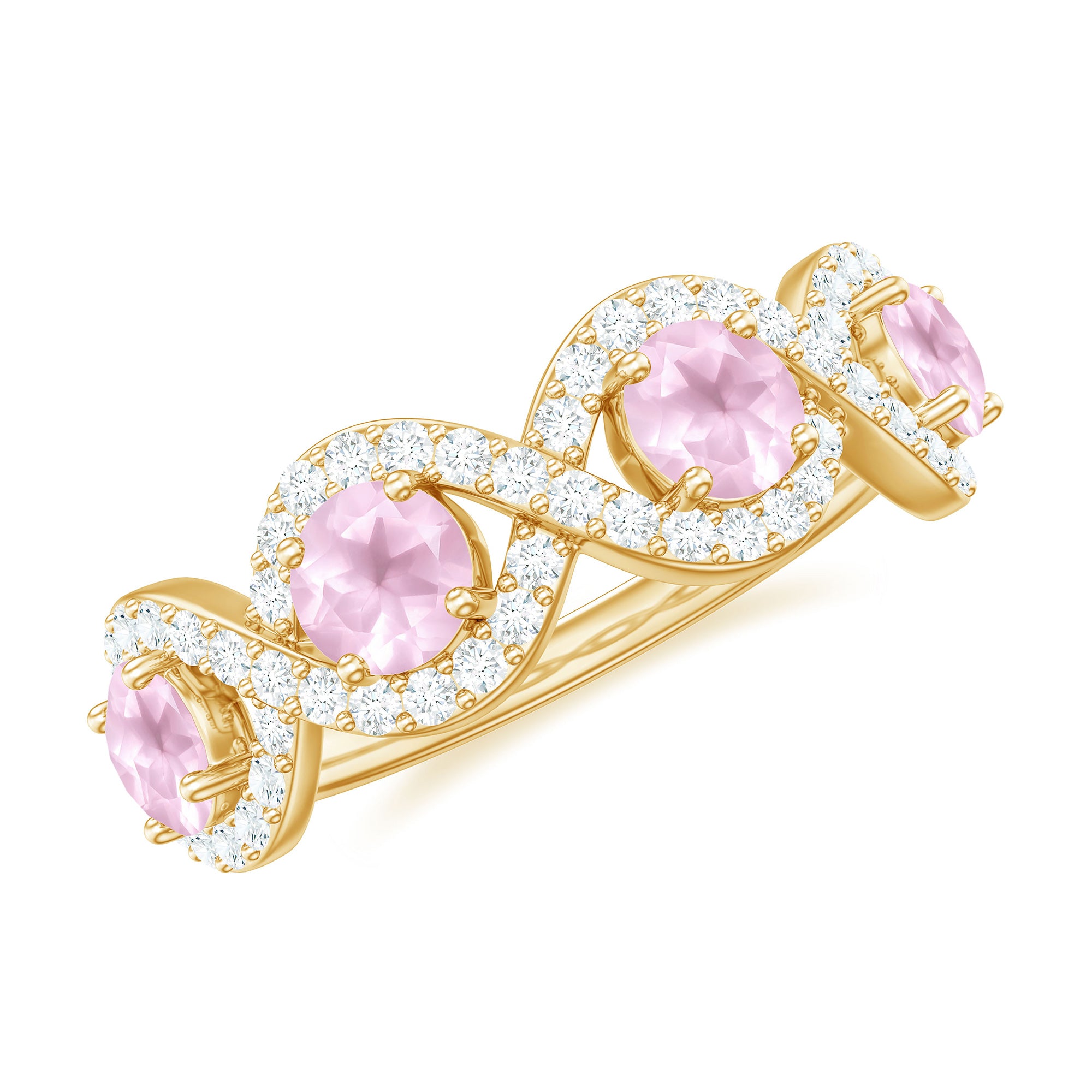 Real Rose Quartz and Diamond Braided Half Eternity Ring Rose Quartz - ( AAA ) - Quality - Rosec Jewels