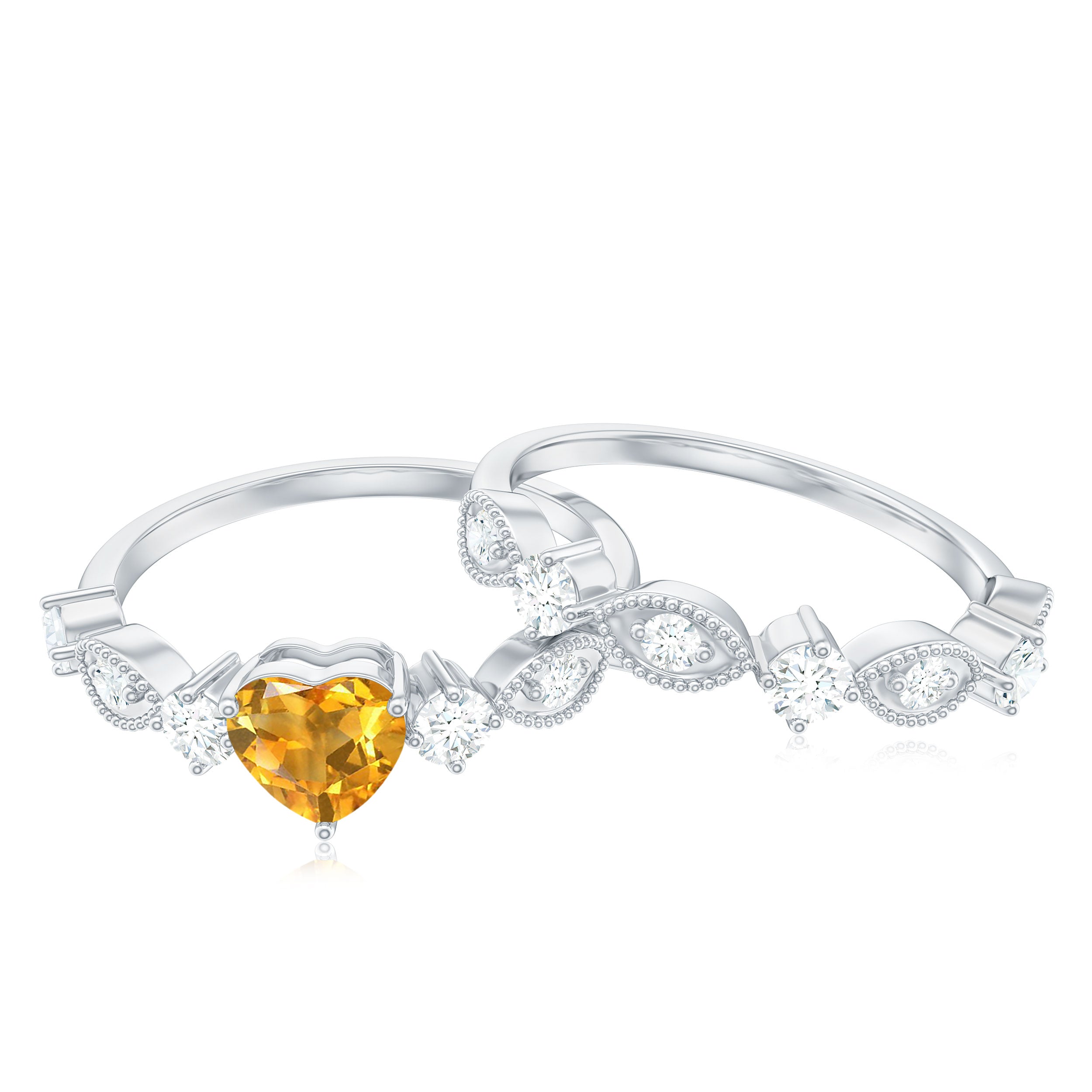 1.75 CT Natural Heart Citrine and Moissanite Stackable Ring Set Citrine - ( AAA ) - Quality - Rosec Jewels