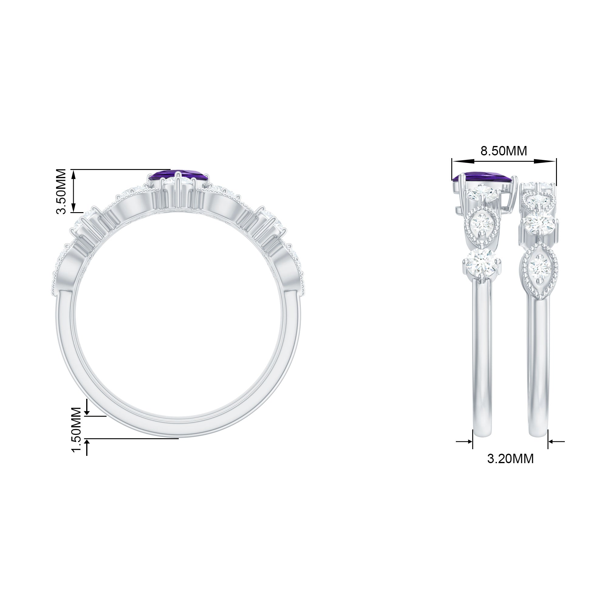 Heart Shape Amethyst Ring Set with Moissanite in Prong Setting Amethyst - ( AAA ) - Quality - Rosec Jewels