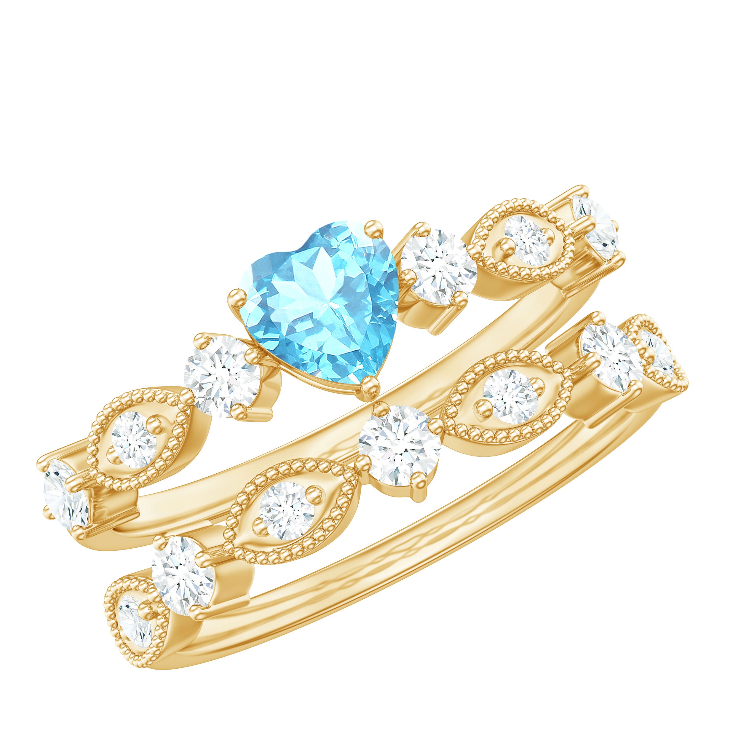 Heart Aquamarine and Diamond Ring Set Aquamarine - ( AAA ) - Quality - Rosec Jewels