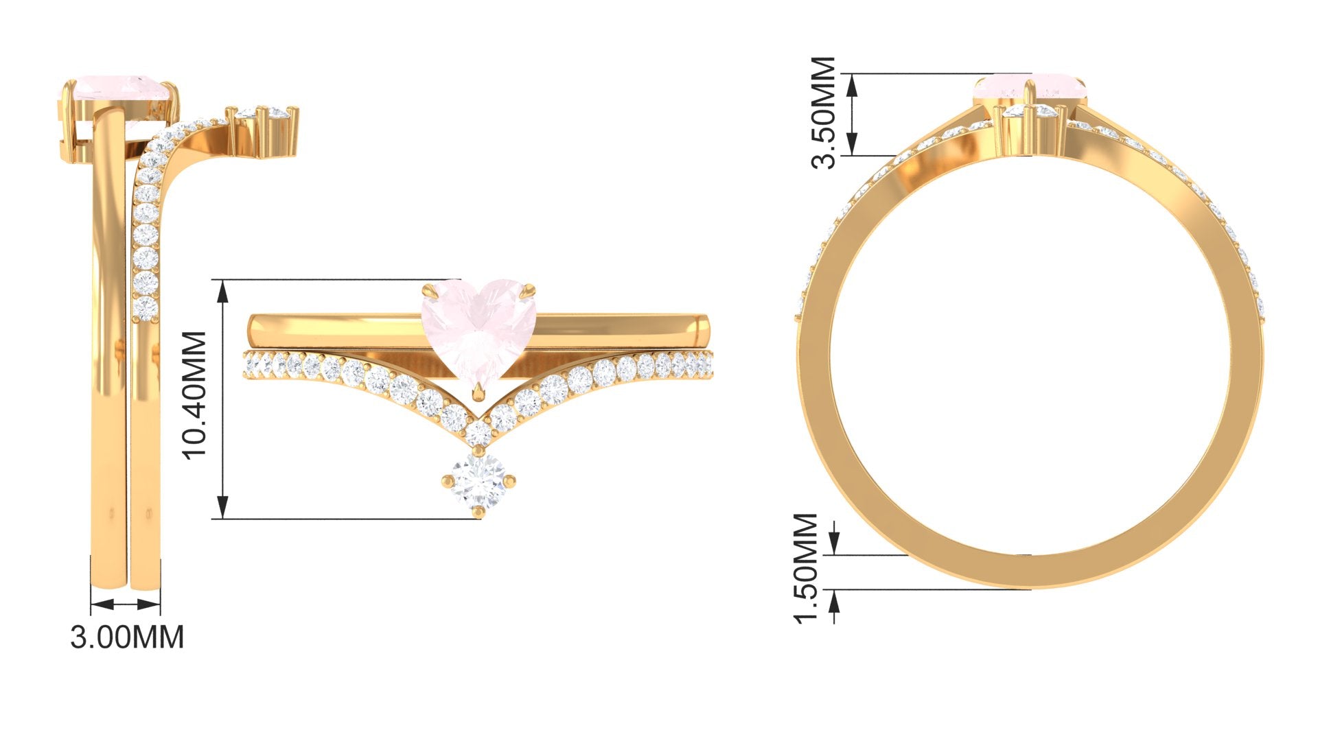 Certified Rose Quartz Heart Ring Set with Diamond Rose Quartz - ( AAA ) - Quality - Rosec Jewels